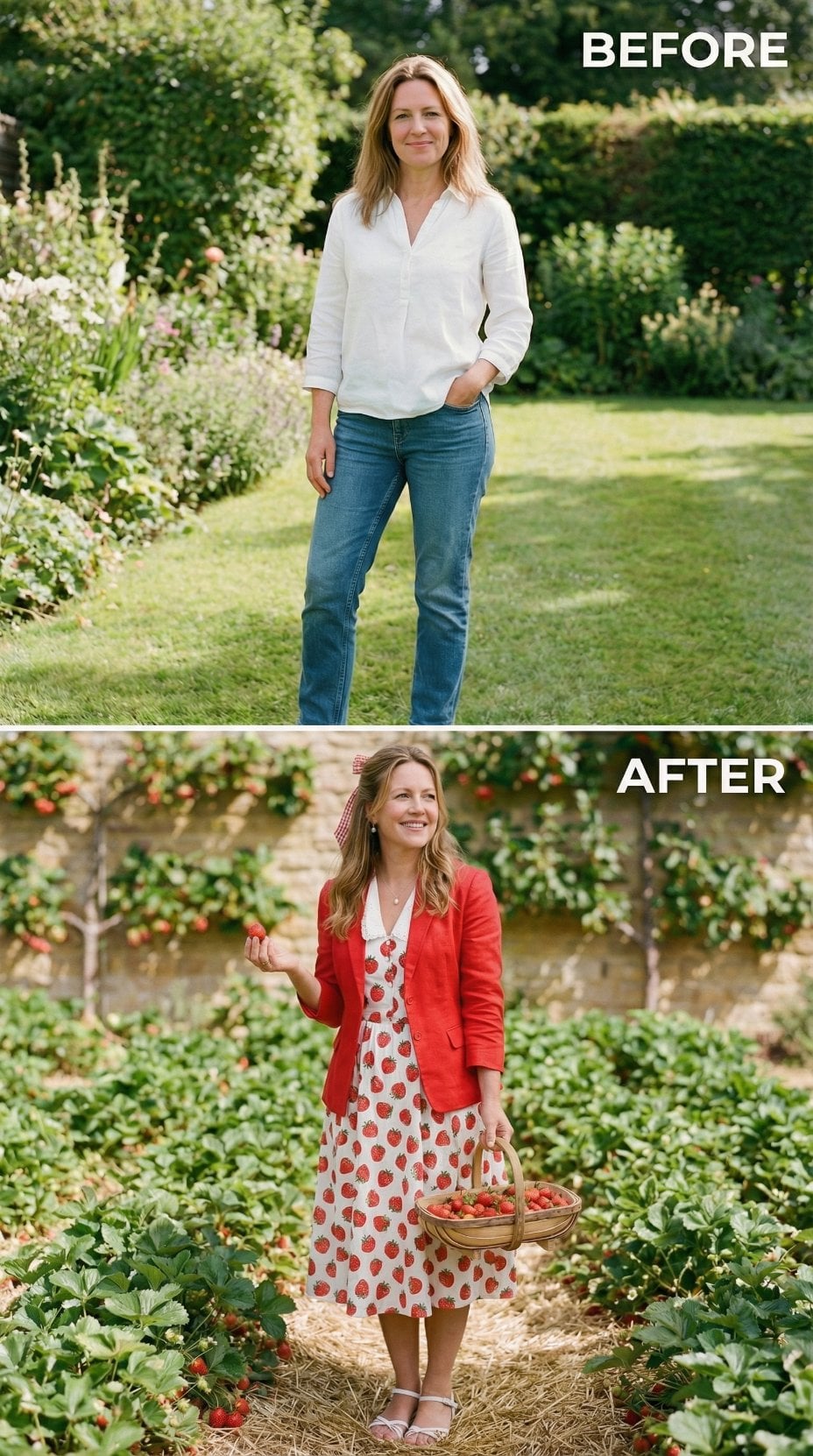 Coral Blazer Over Strawberry Print Midi With Basket Among Pick-Your-Own Rows