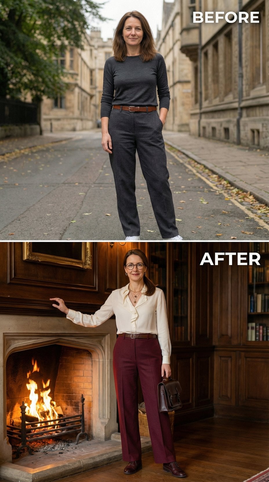 Casual Graphite Outdoors to Cream Silk and Burgundy in a Paneled Library