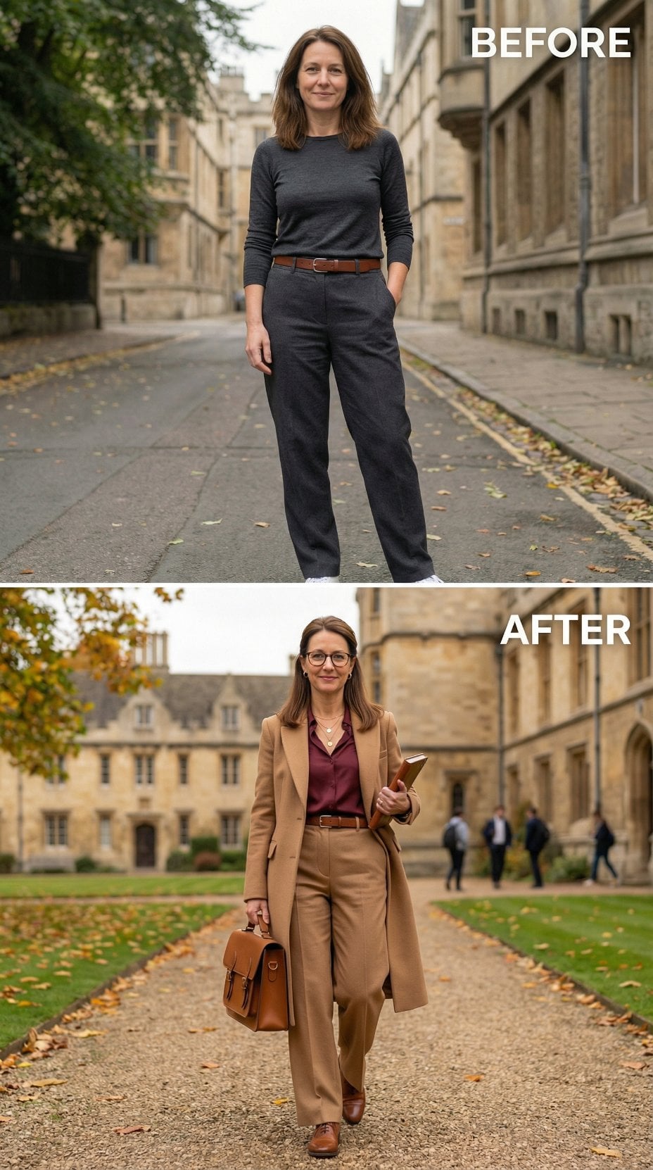 Wide-Leg Charcoal Gives Way to Caramel Tailoring With a Burgundy Silk Layer