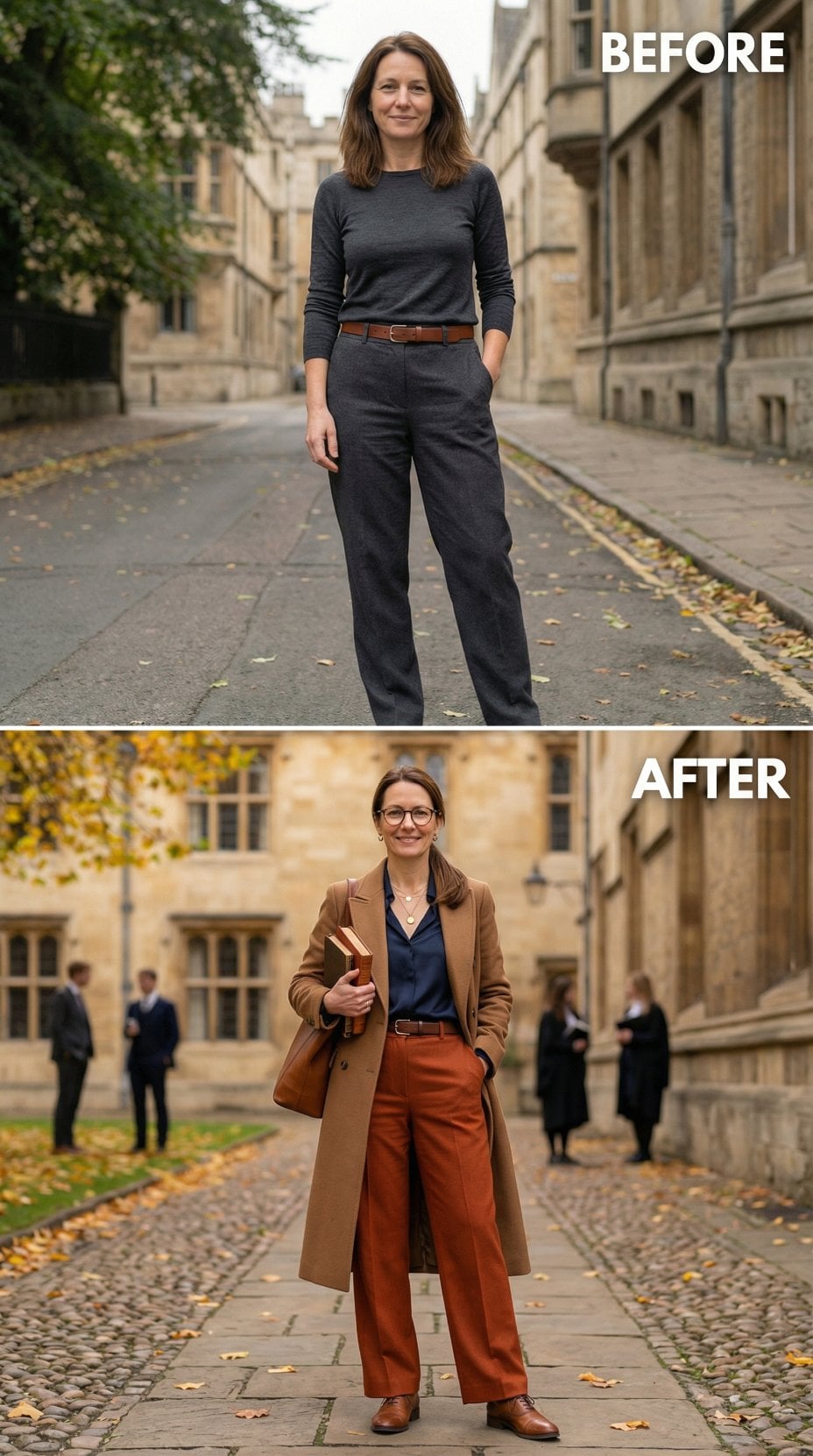 Charcoal Monochrome Yields to Rust Trousers and a Camel Coat