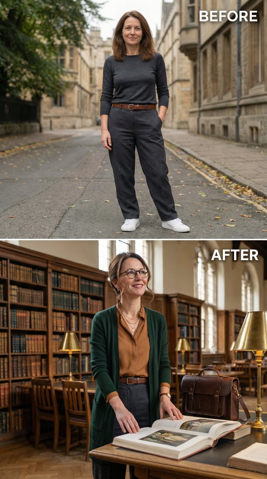 Gray Sweater and Dark Trousers Replaced by Burnt Orange Silk, Forest Cardigan, and Tortoiseshell Frames