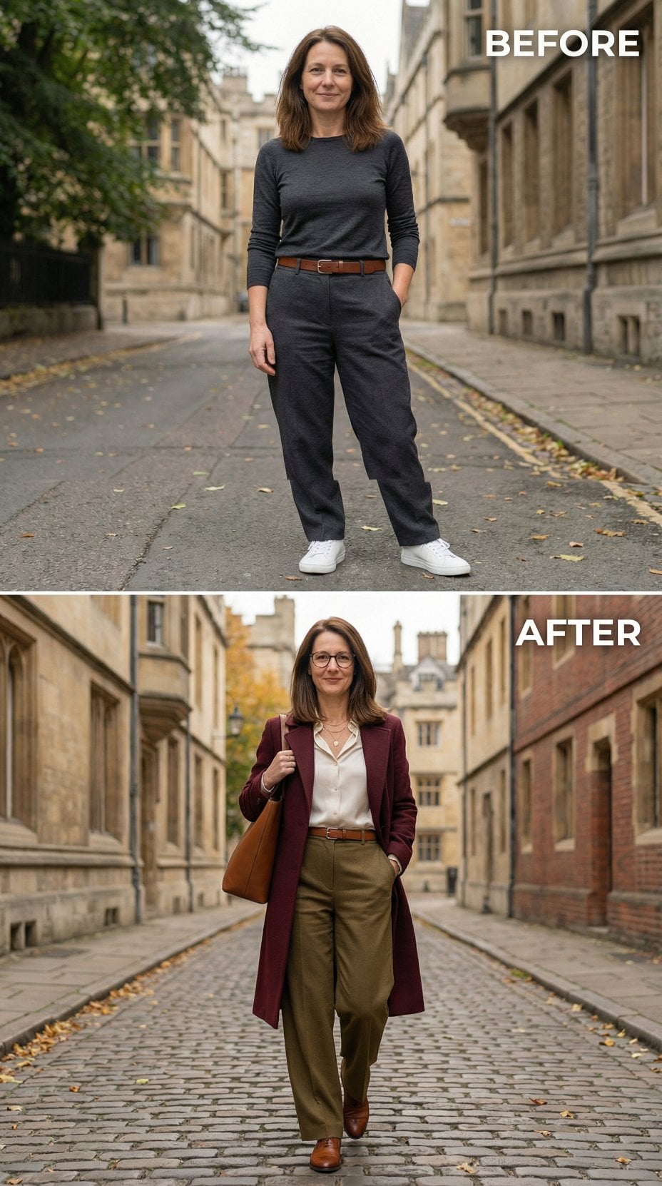 Dark Knit and Navy Trousers Step Aside for Ivory Blouse and Burgundy Coat