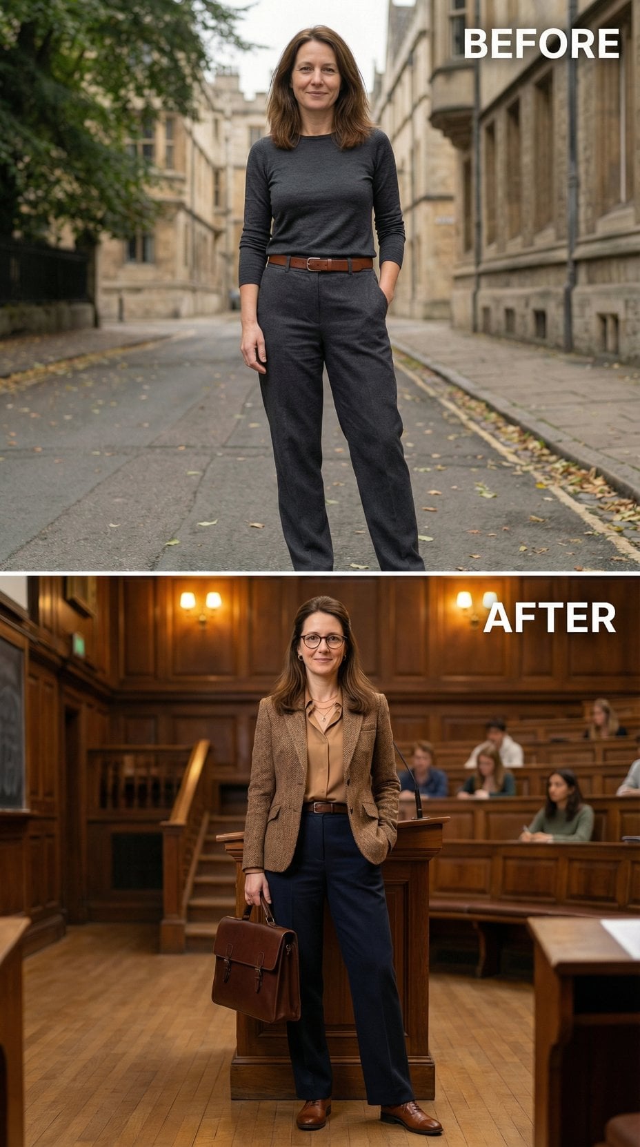 Charcoal Crew and Wide Trousers Trade Places with Camel Blazer and Beige Silk