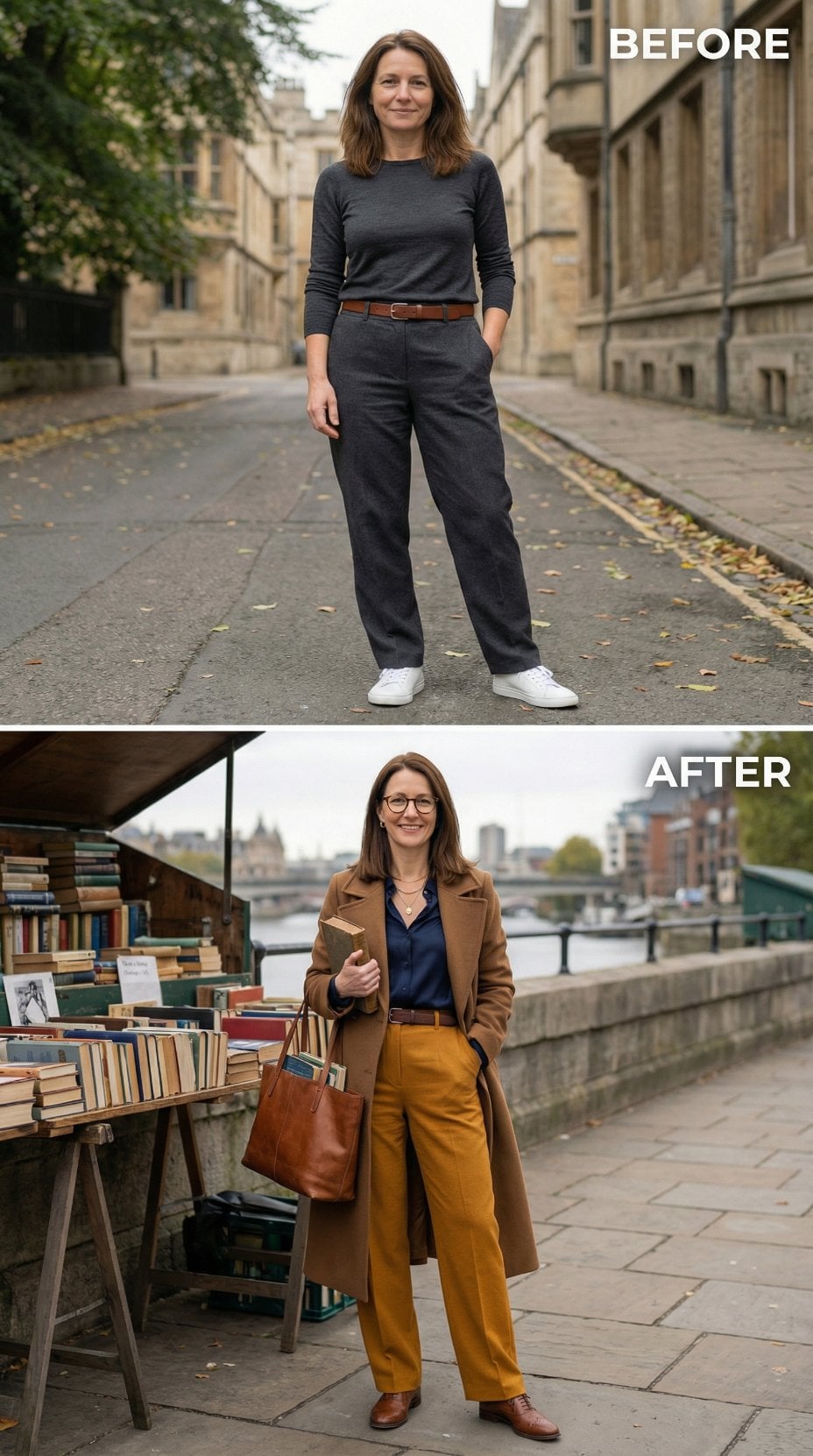 Dark Knit and Charcoal Wide-Leg Replaced by Camel Coat and Mustard Trousers