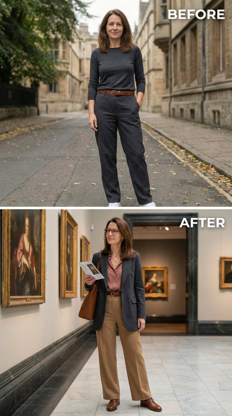 Sidewalk Sweater and Charcoal Trousers Reinvented by Tailored Blazer and Warm-Toned Separates