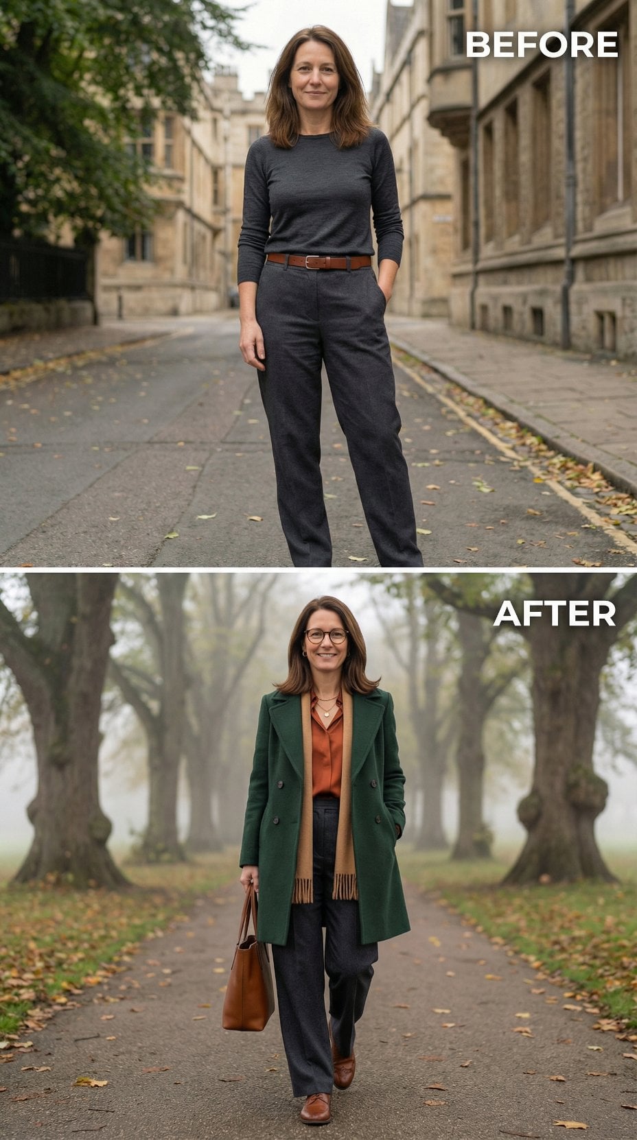 City Stone Traded for Parkland Green Coat and Rust Blouse