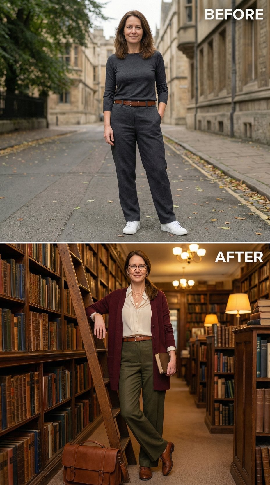 Sidewalk Gray Becomes Library Burgundy, Olive Trousers, and Ladder Light