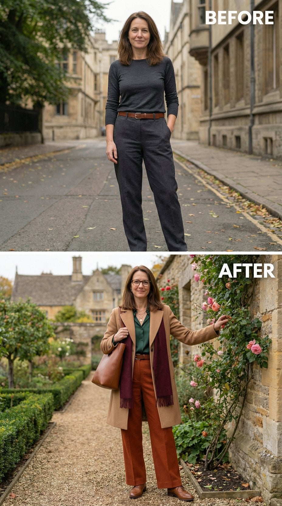 Sidewalk Monochrome Reinvented by Camel Coat, Rust Trousers, and Garden Stone