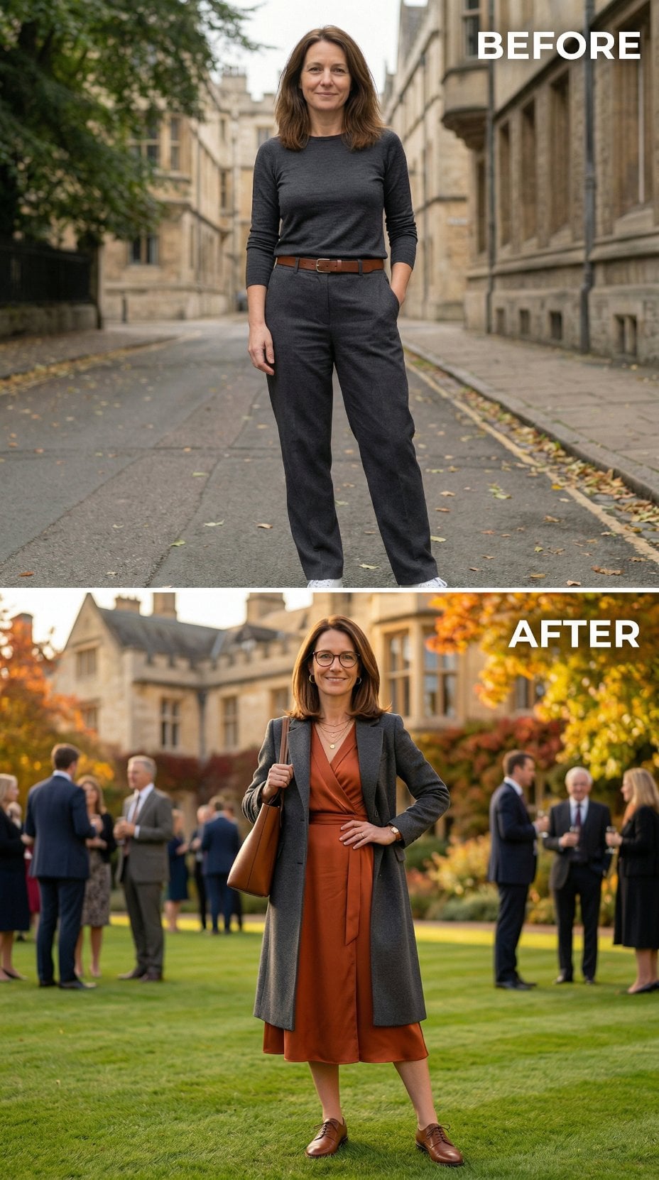 Navy Cotton Basics Exchange for Rust Wrap Dress and Charcoal Coat