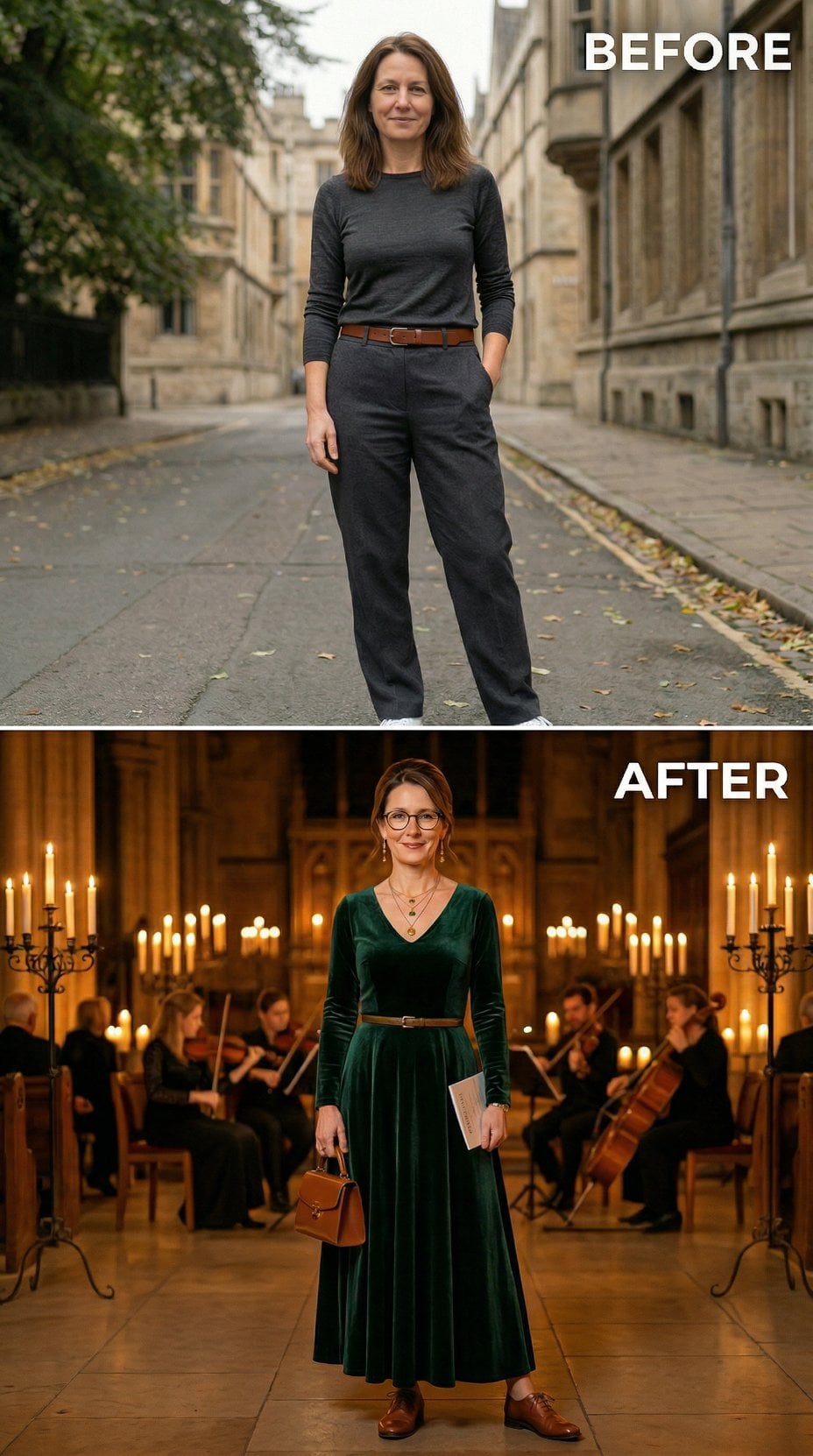 Casual Charcoal Swapped for Forest Velvet Gown and Orchestra Candlelight