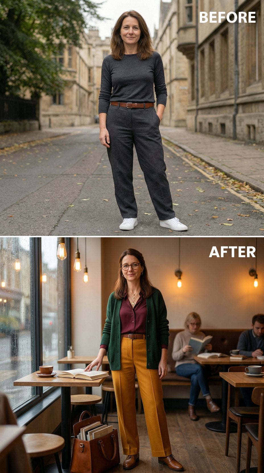 Outdoor Gray Jersey Replaced by Mustard Twill, Green Cardigan, and Café Study