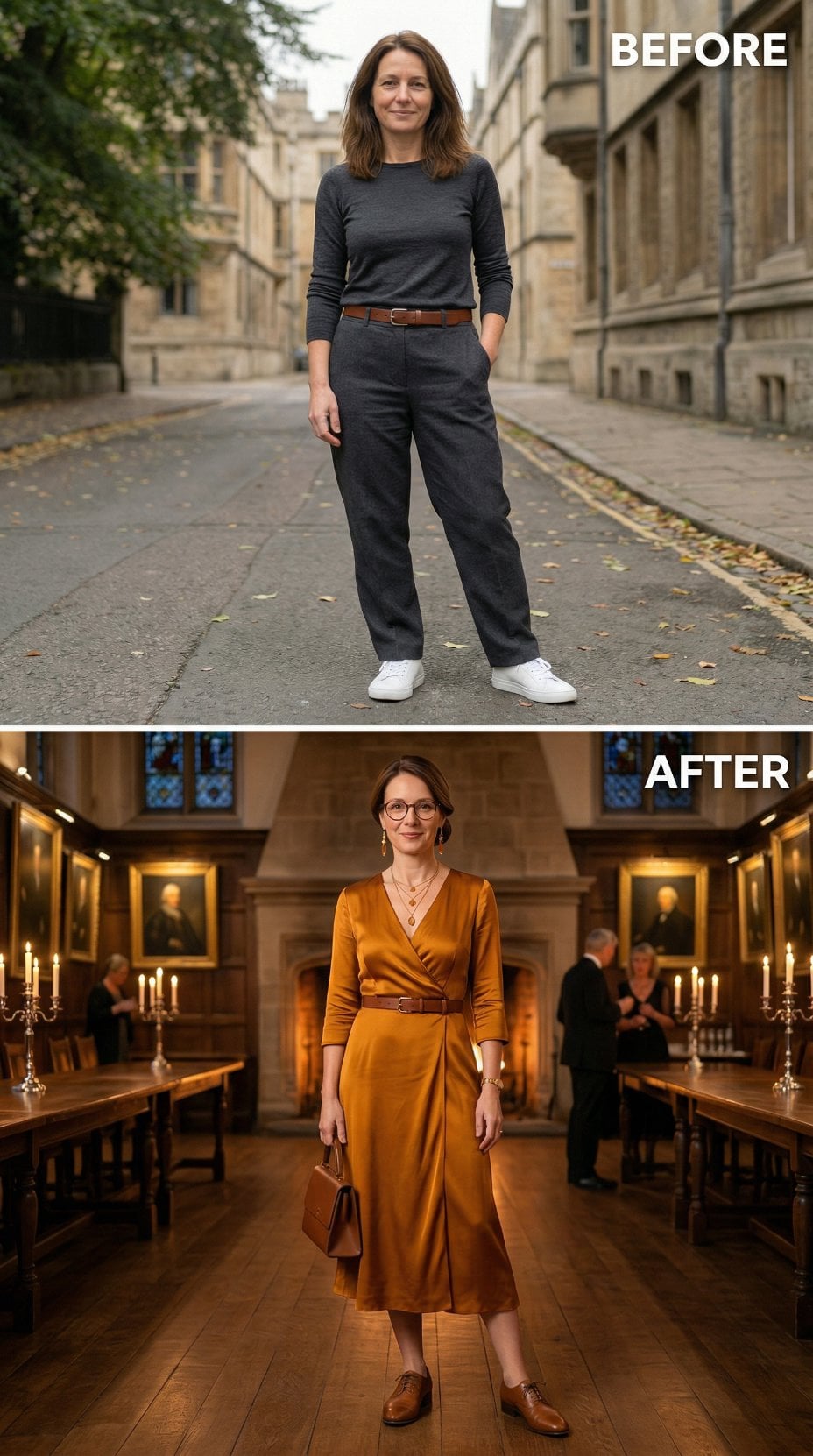 Casual Courtyard Gray Gives Way to Golden Wrap Dress and Portraits