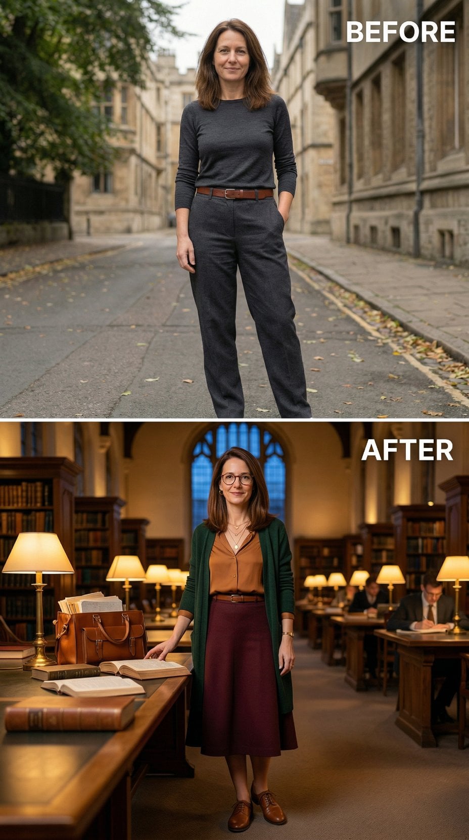 Outdoor Gray Knit and Relaxed Trousers Become Burgundy A-Line Midi, Mustard Silk Blouse, and Library Lamplight