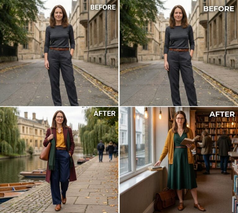 I Asked AI to Design 35 “Intellectual Romantic” Makeovers that for Women Over 40 for Present Day – These are Before & After Results