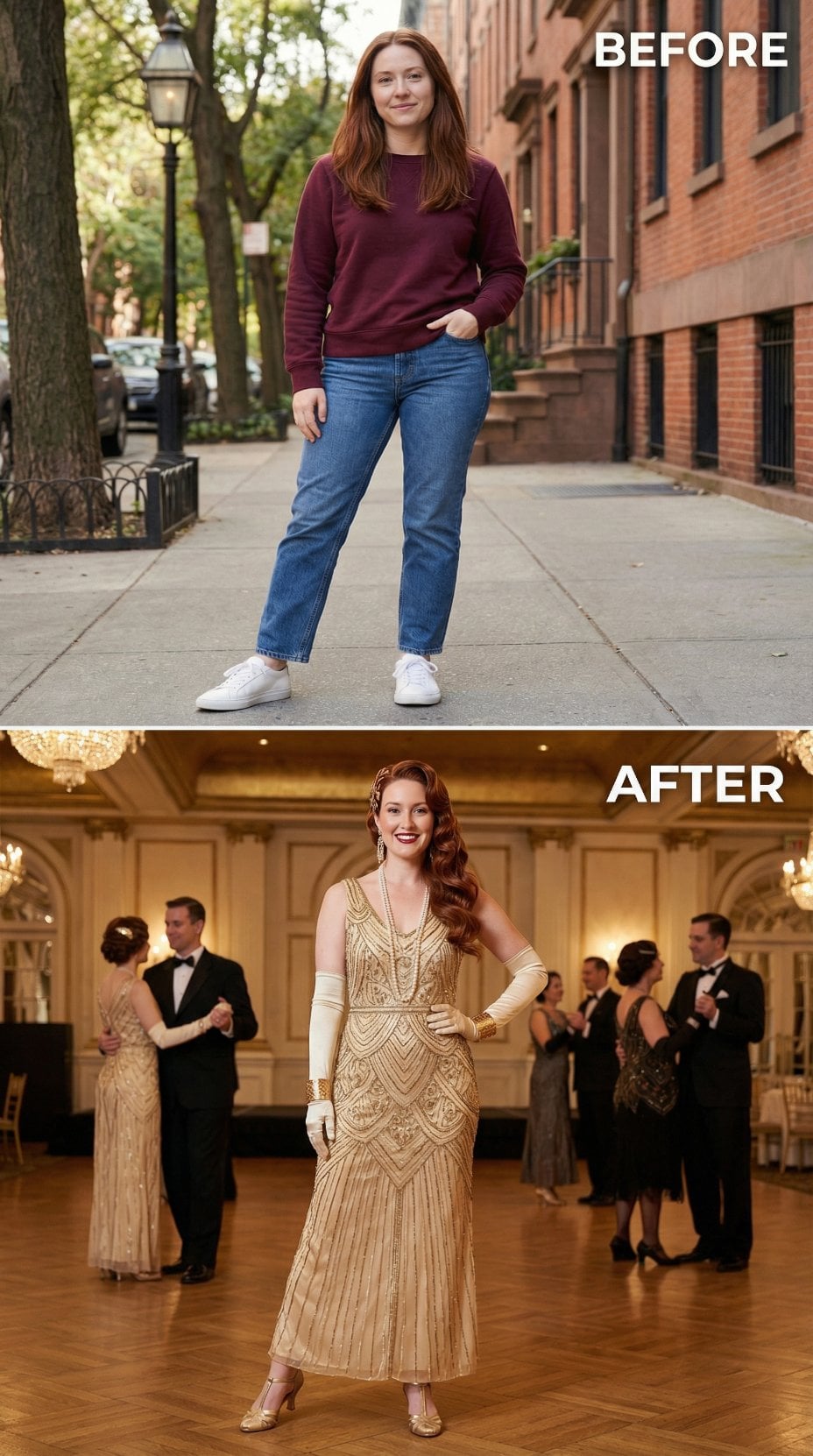 Casual Burgundy Loungewear Becomes Gold Beaded Art Deco Ballroom Drama