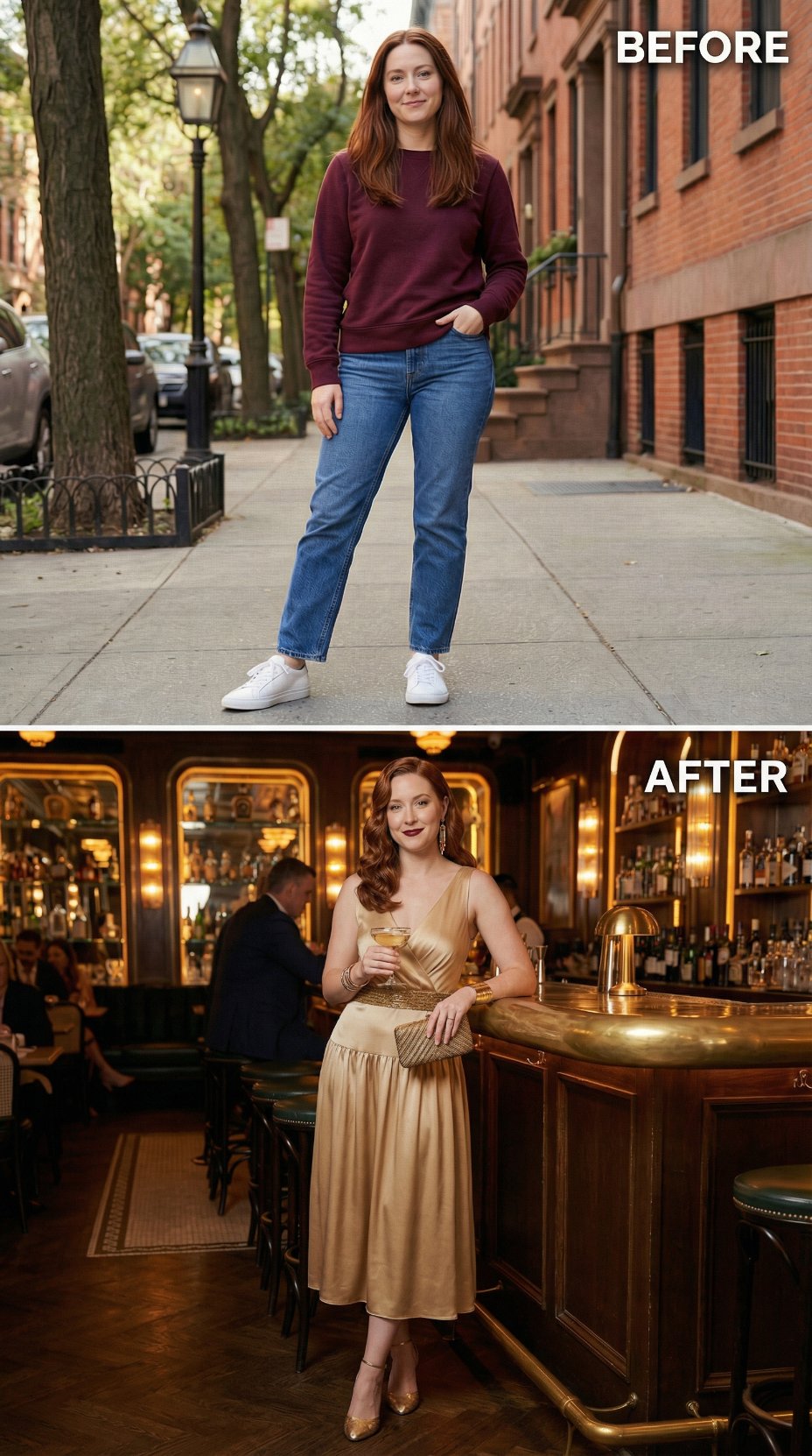 Street Casual in Burgundy Crewneck Trades Up for Champagne Satin Bar Debut