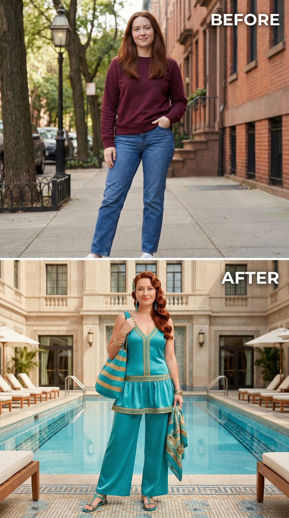 Burgundy Crewneck Urban Ease Ascends Turquoise Palazzo Poolside Paradise