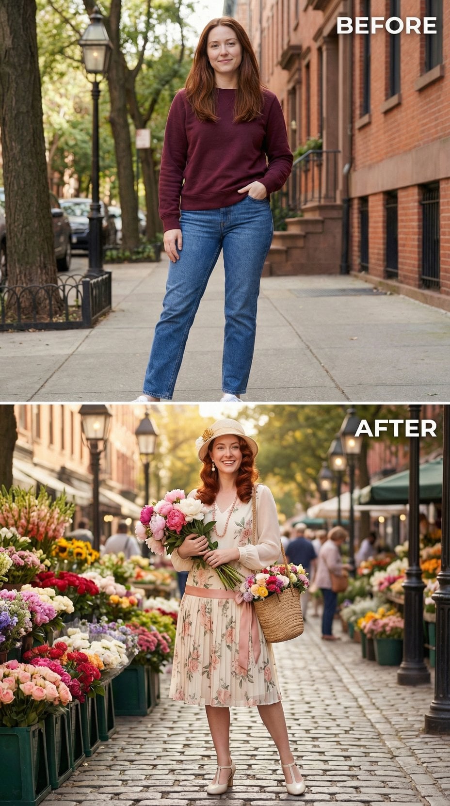 Casual Sidewalk Cotton Surrenders to Flower Market Floral Pleats and Wide-Brim Straw