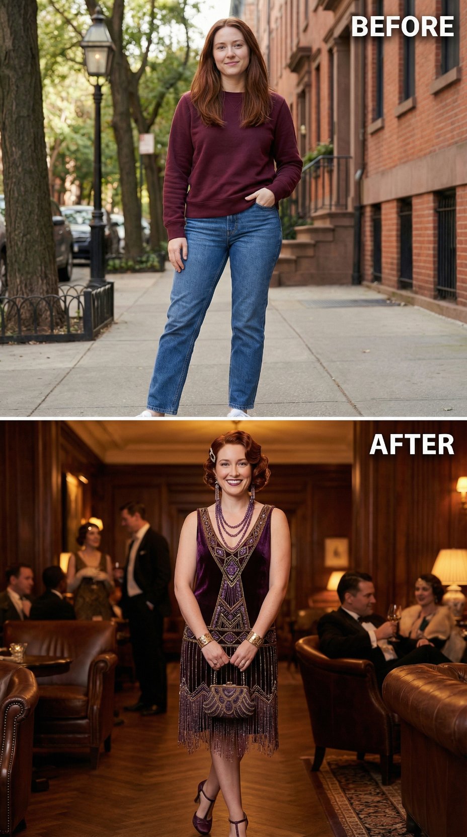 Casual Maroon Knit Steps into Gatsby-Era Beaded Velvet Eveningwear