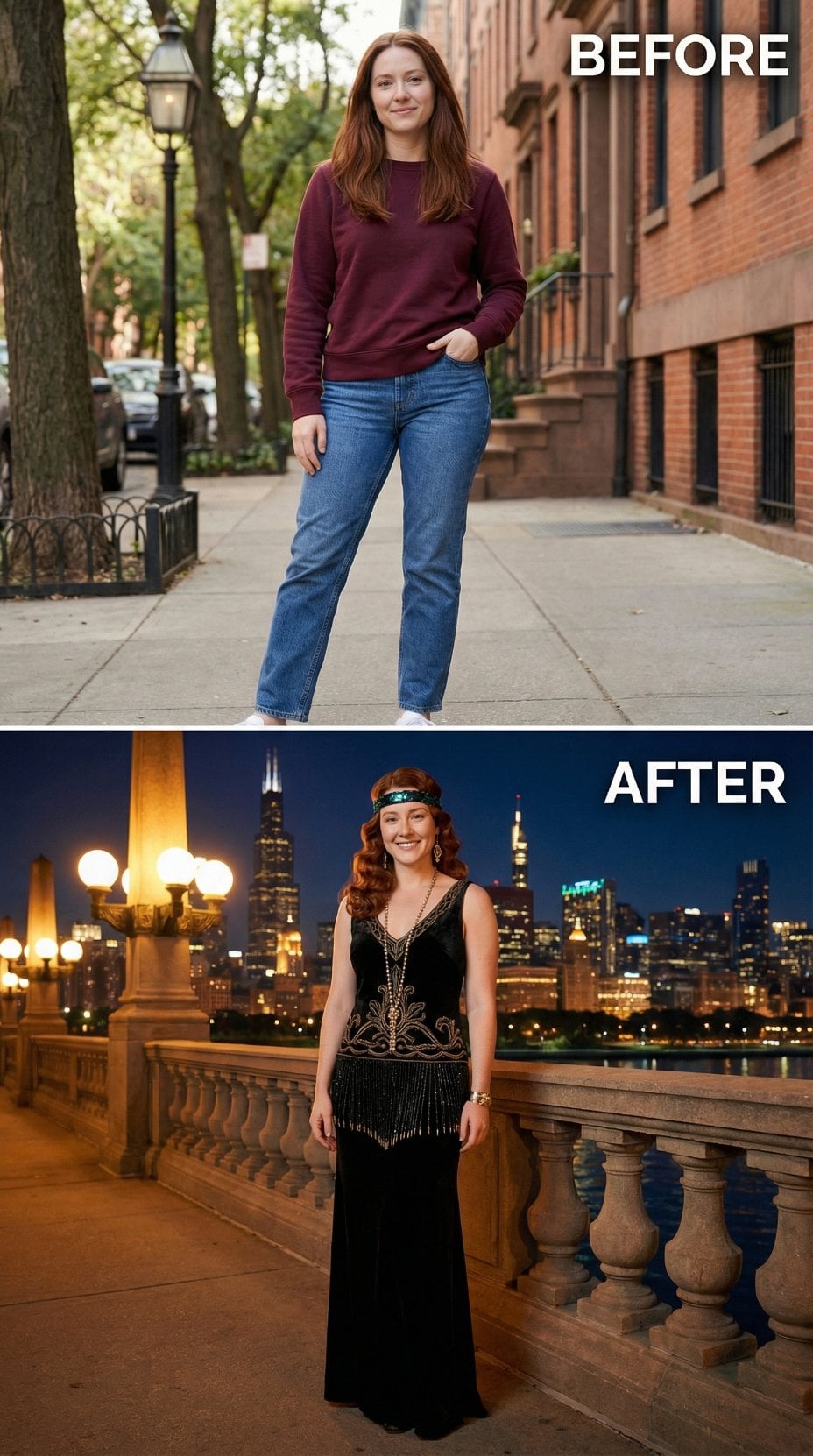Maroon Crewneck and Medium-Wash Denim Drop for Beaded Black Flapper Gown