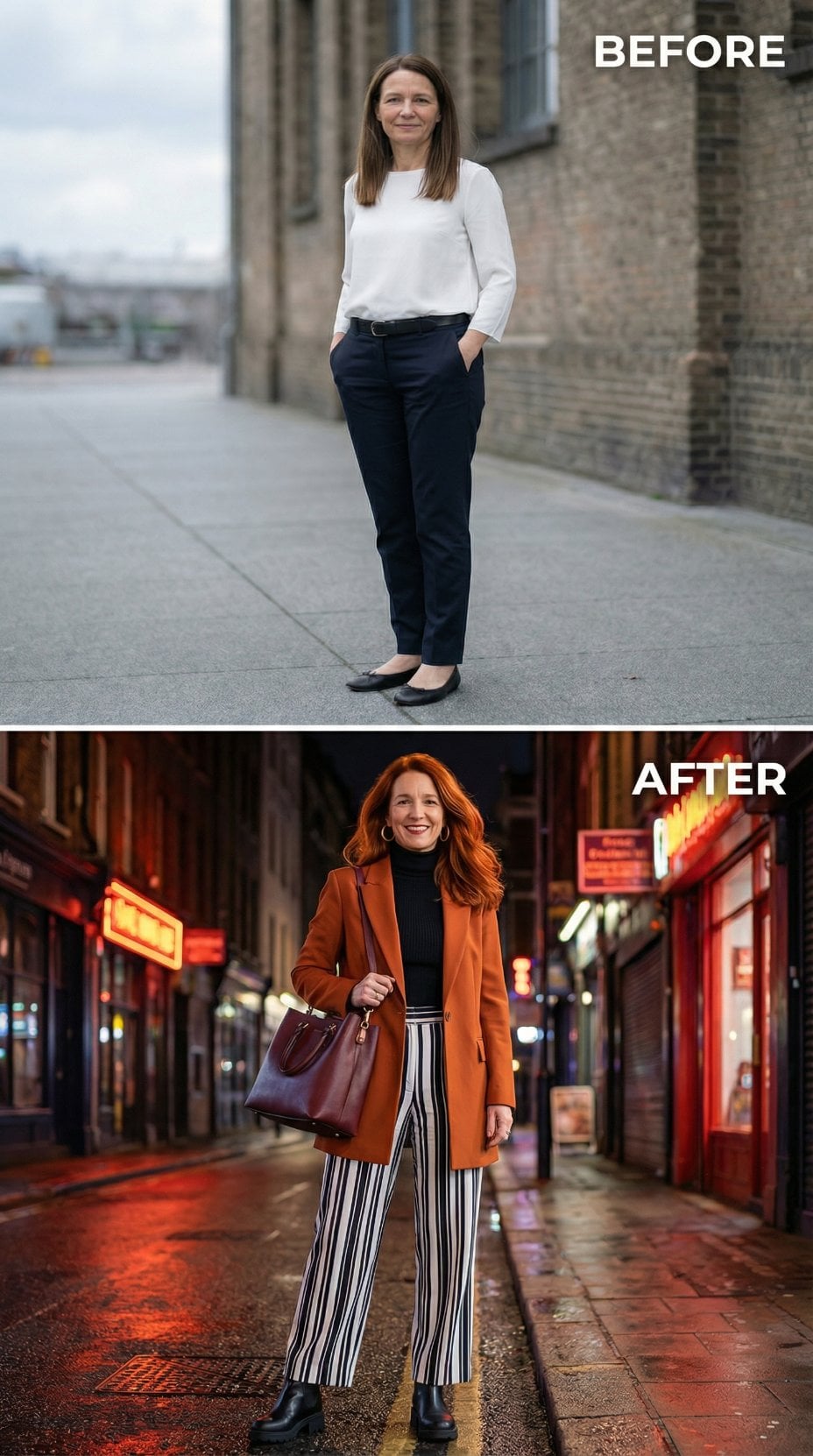 Navy Trousers to Striped Flares Under City Lights