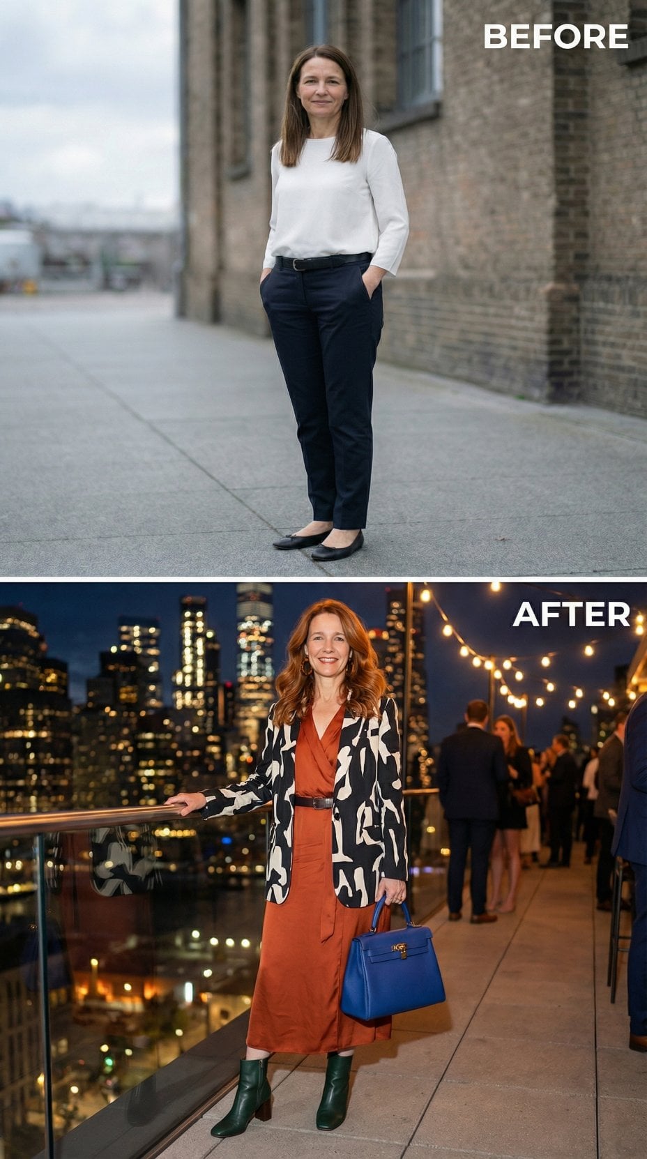 Corporate Monochrome to Rust Midi and Bold Graphic Coat