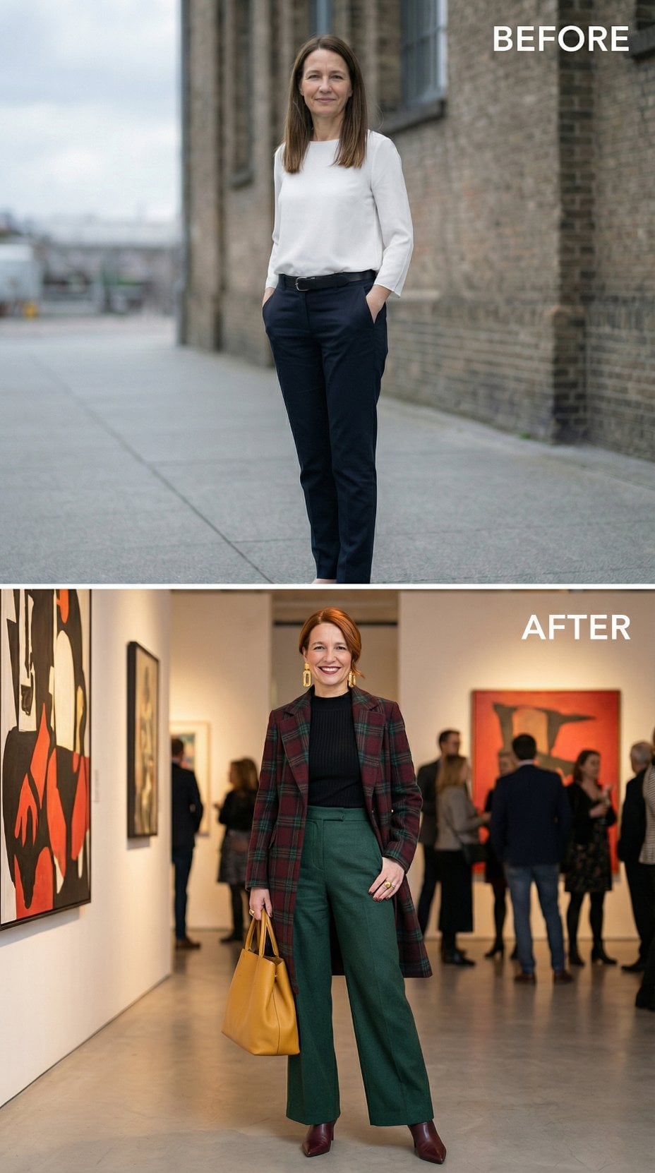 White Blouse and Navy Chinos to Plaid Coat with Emerald Wide-Legs