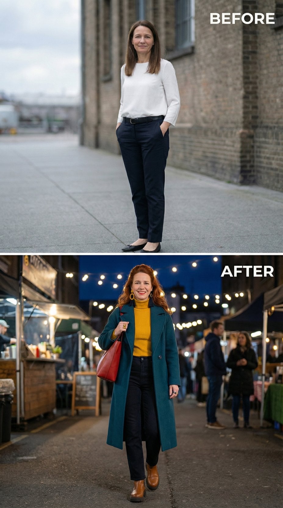 Corporate Whites to Mustard Turtleneck and Teal Coat at Night Market