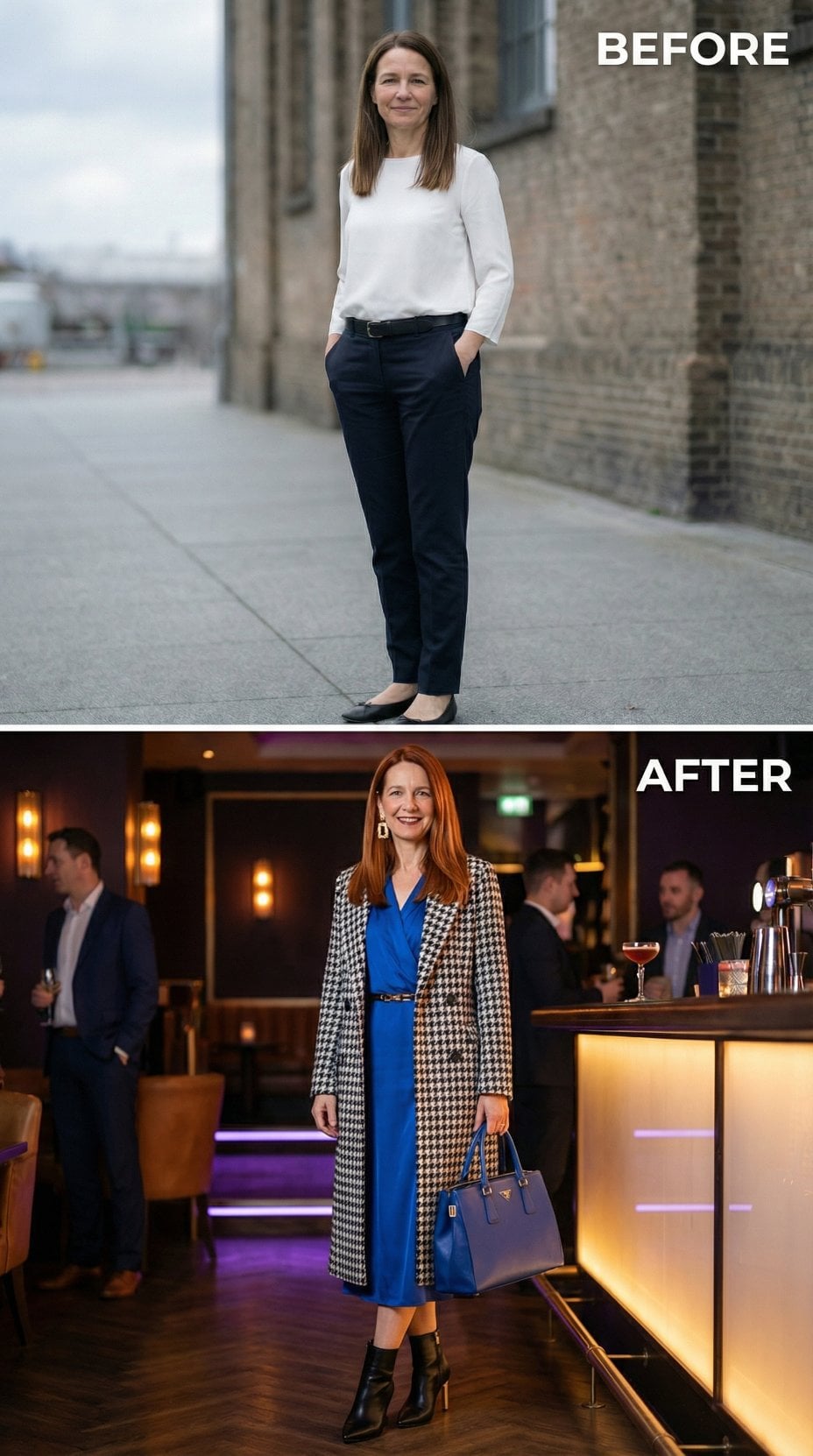 Business Casual Base to Houndstooth Duster in a Cocktail Lounge