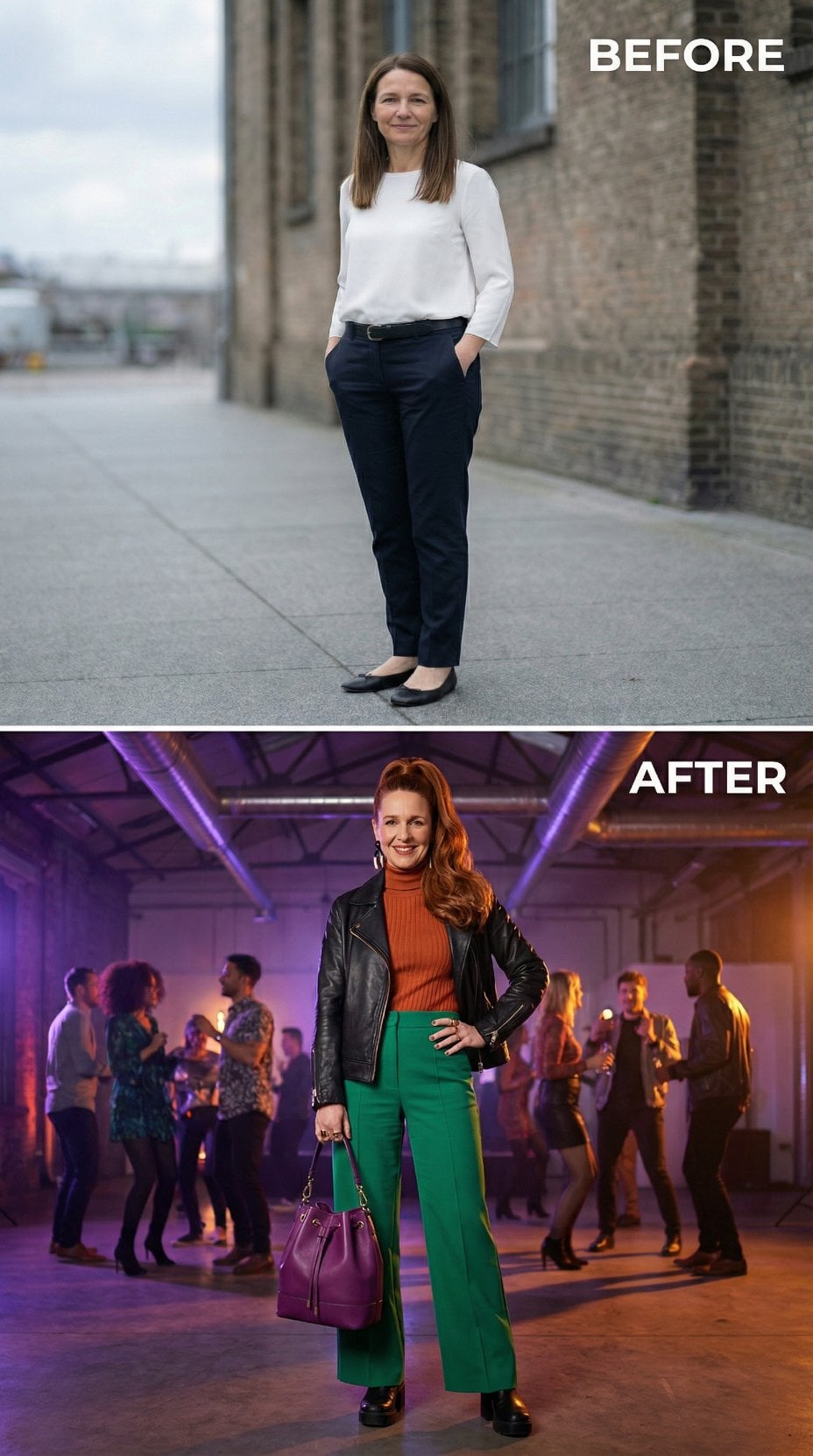 Workwear Navy to Burnt-Orange Ribbed Knit with Green Wide-Legs