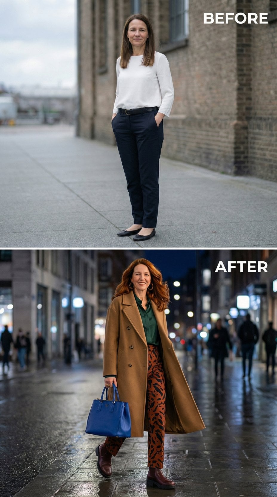 Daytime Basics to Camel Coat and Tiger-Print Trousers at Night