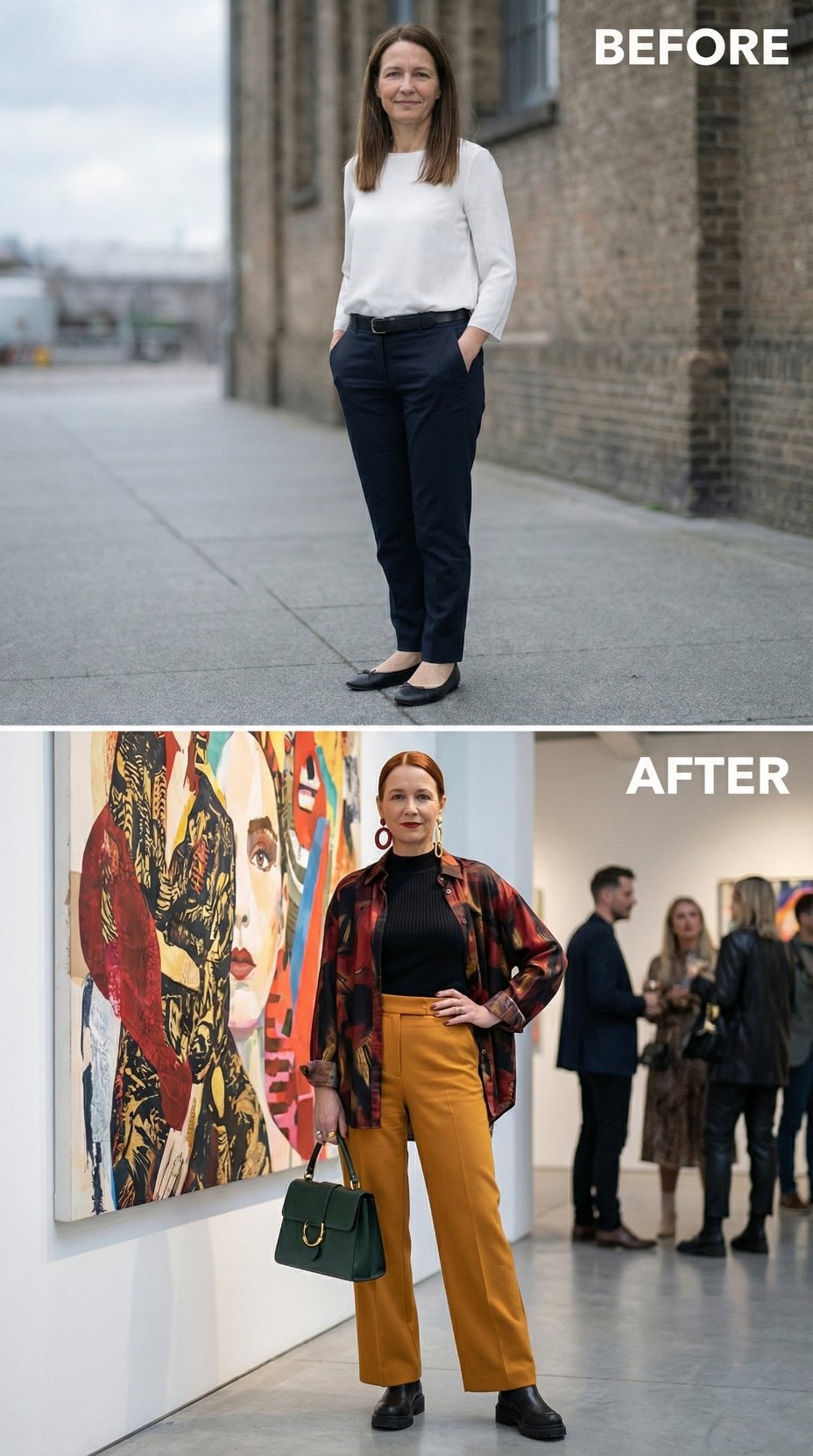 Work Whites to Rust-and-Black Turtleneck with Mustard Trousers