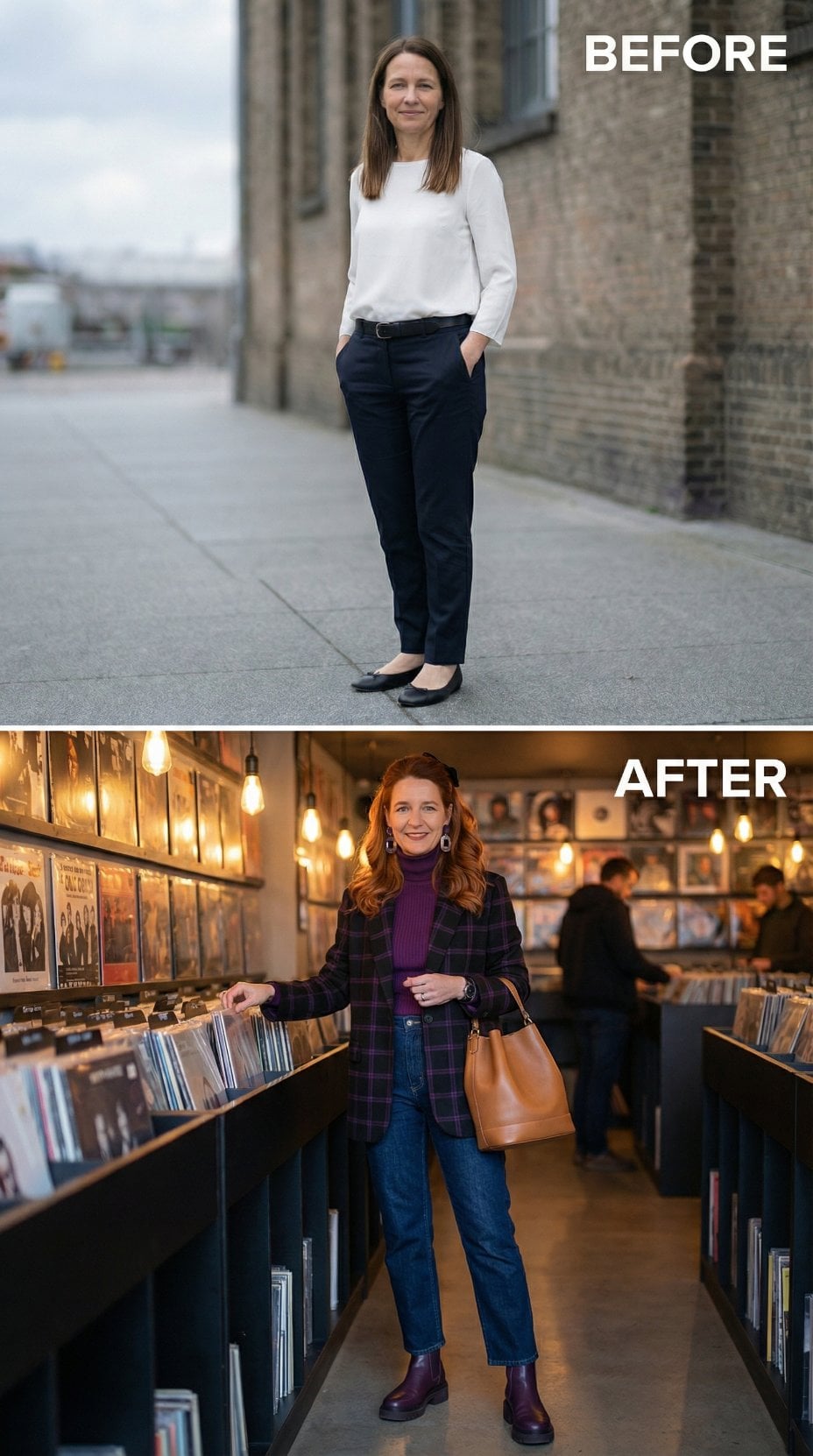 Business Casual to Plaid Blazer and Purple Turtleneck in a Record Shop