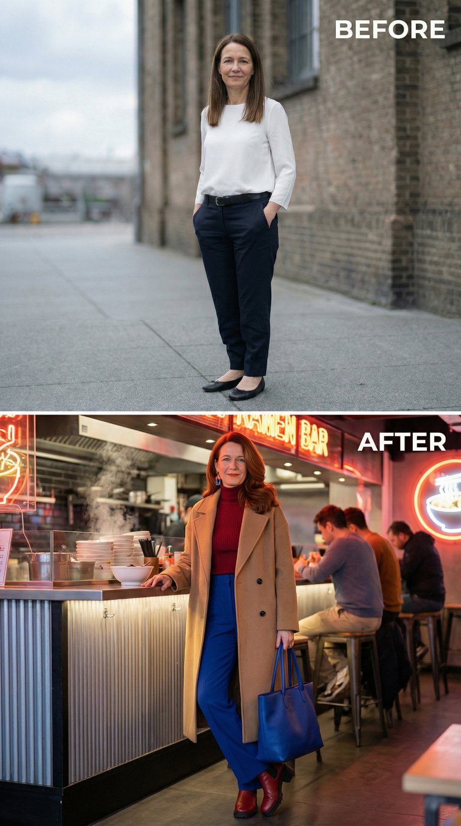 Monochrome Office Staples to Camel Blazer and Cobalt Trousers in a Ramen Bar