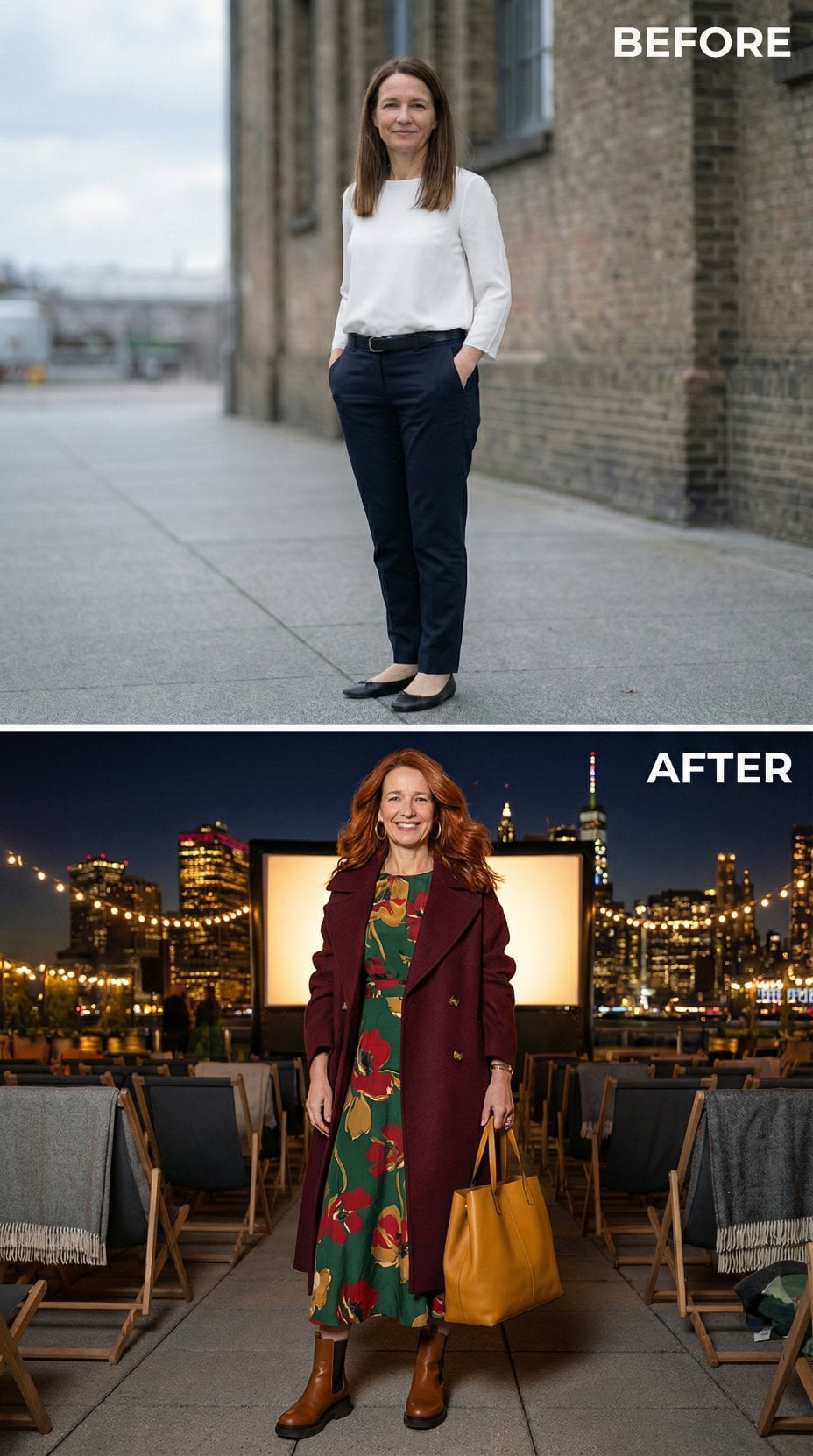 Plain Office Whites to Burgundy Coat and Floral Maxi in a Rooftop Setting