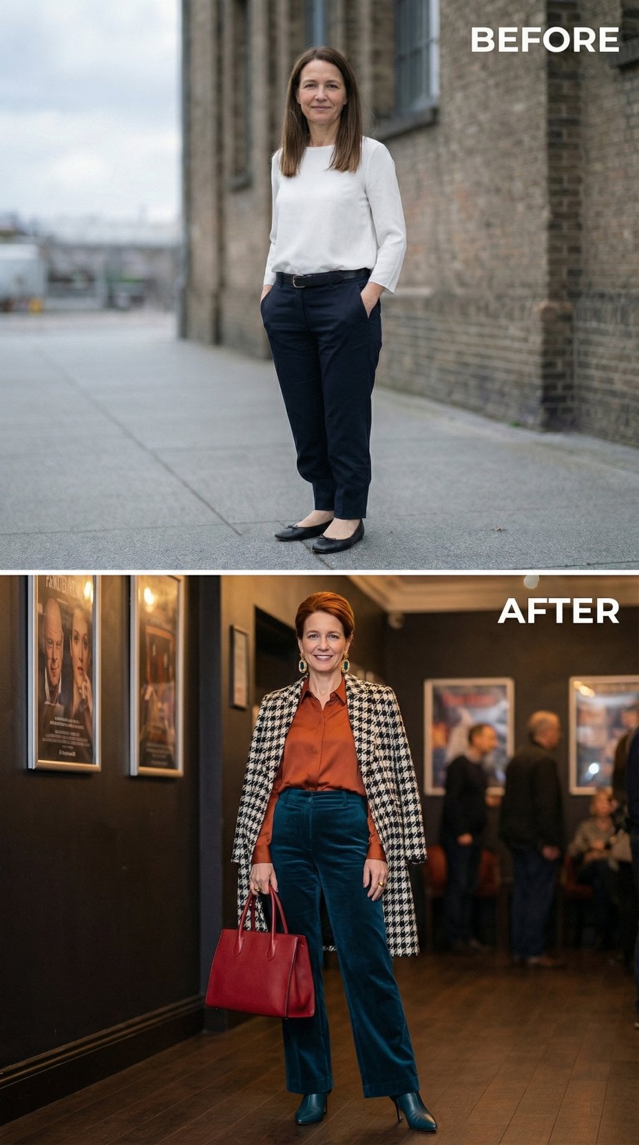 Daytime Neutrals to Houndstooth Coat and Rust Blouse in a Gallery