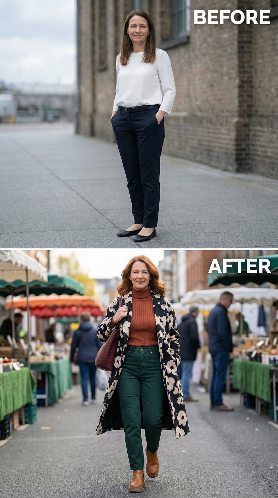 Black Flats to Auburn Waves and a Statement Floral Duster