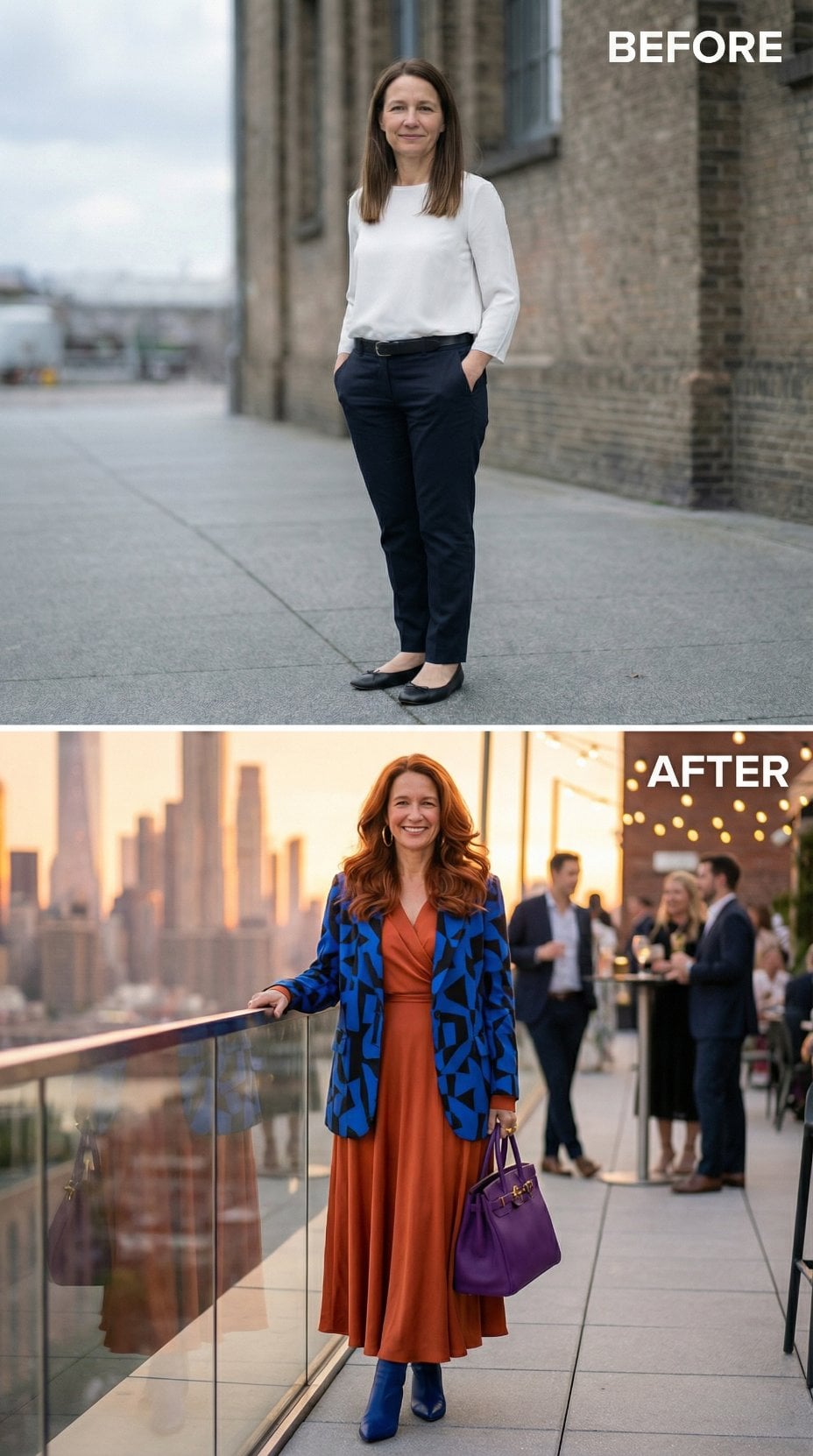 Business Basic to Blue Geometric Blazer and Rust Dress at Sunset