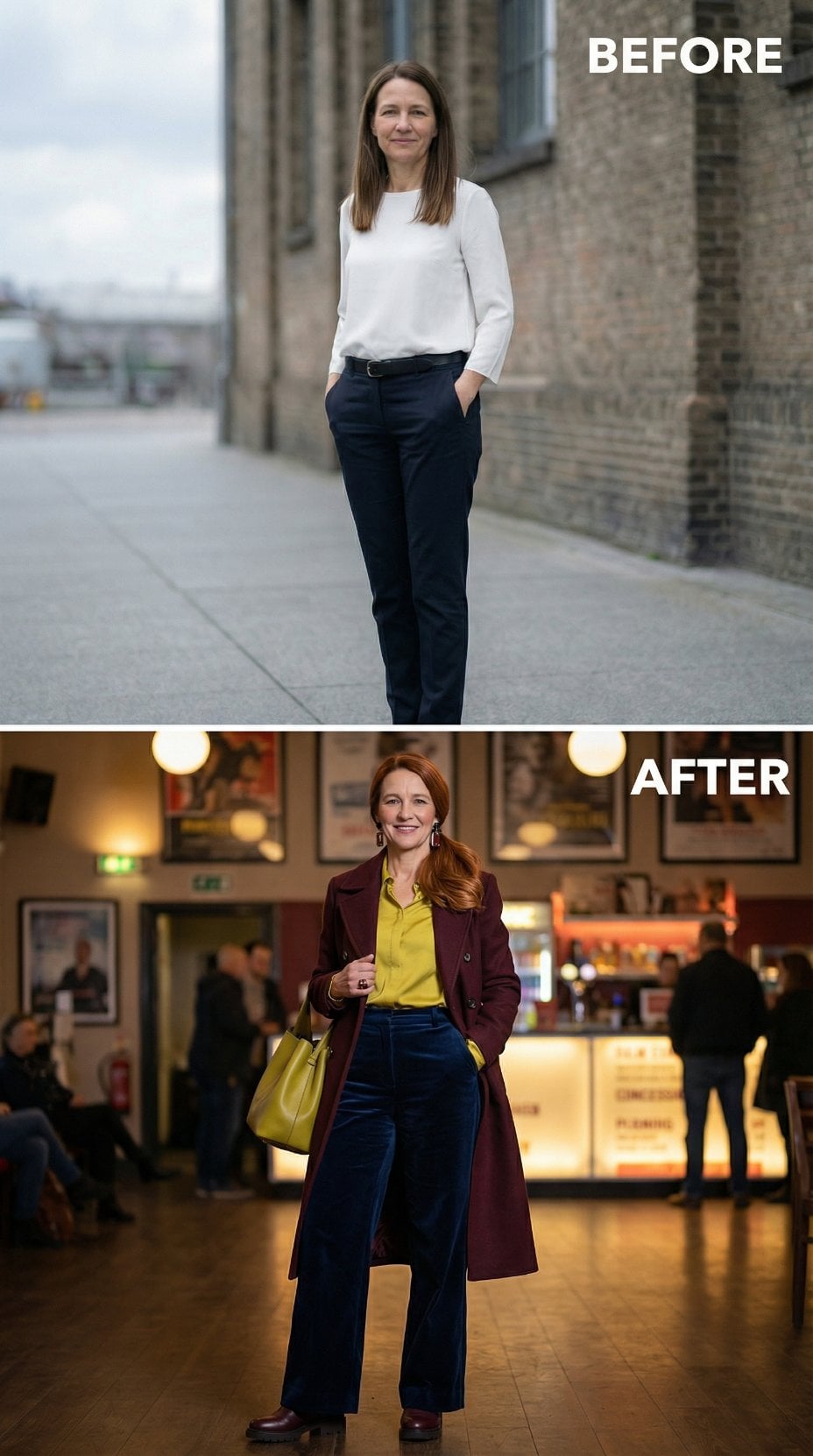 White Blouse to Maroon Coat, Citrus Blouse and Navy Denim Indoors