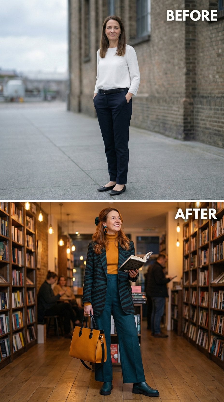 Pressed Work Pants Swapped for Wool Blazer and Wide-Leg Denim Indoors