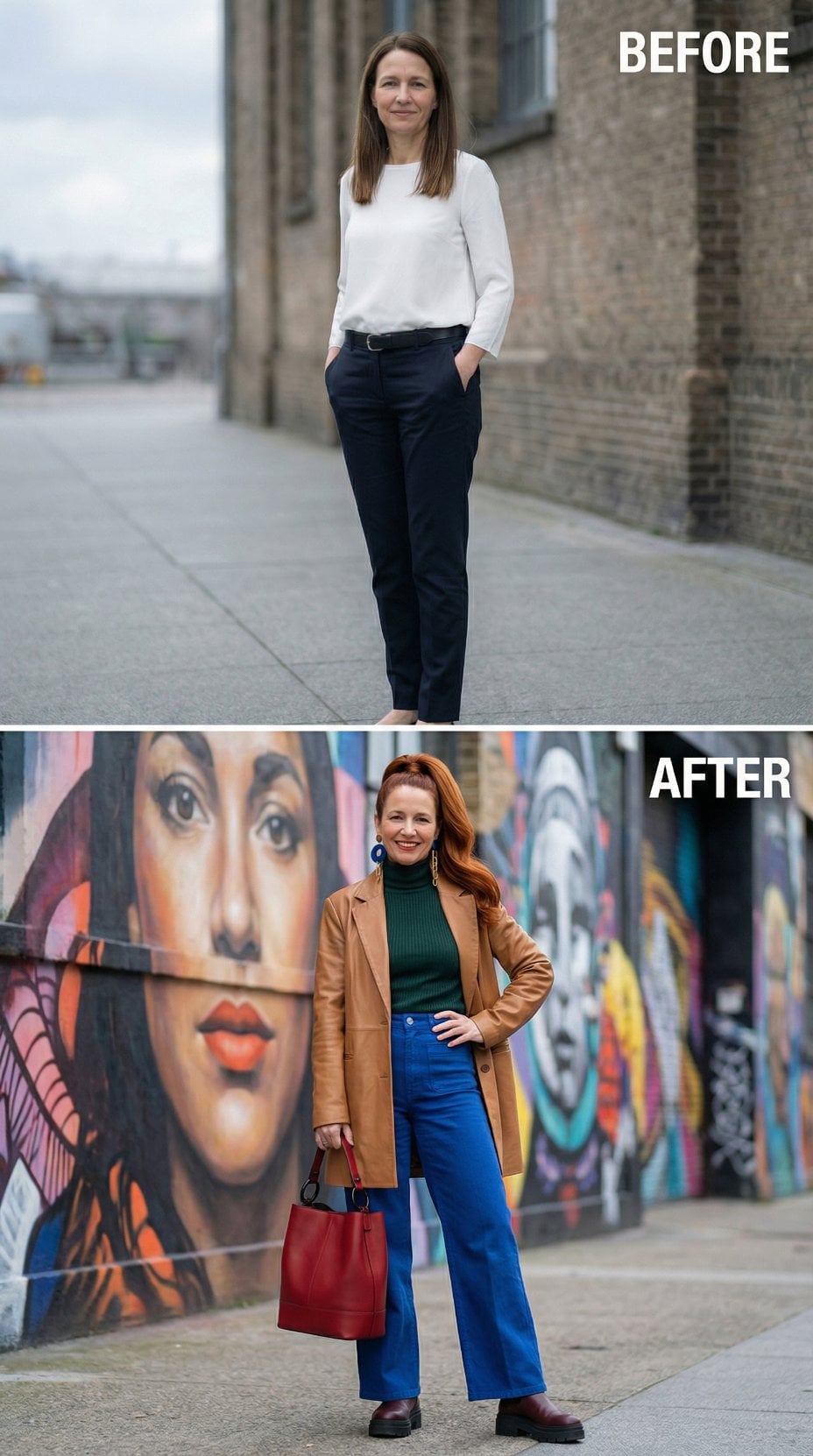 White Silk Traded for Green Turtleneck and Camel Blazer Beside Street Art