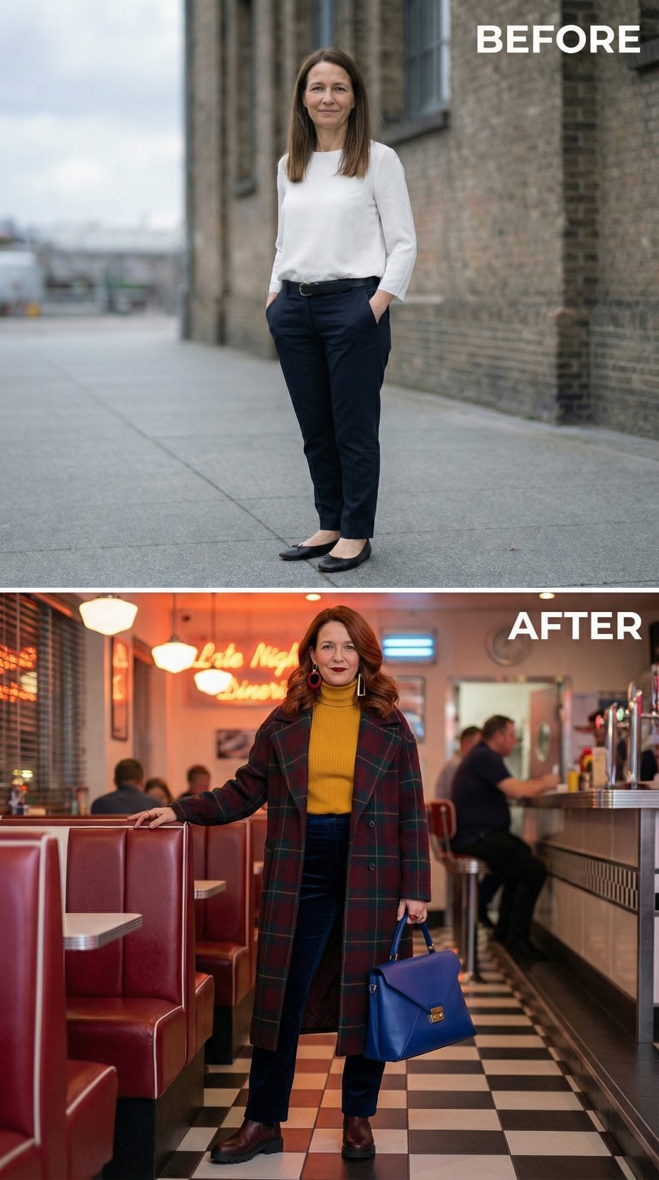 Navy Trousers Anchored by Mustard Turtleneck and Plaid Coat in a Diner