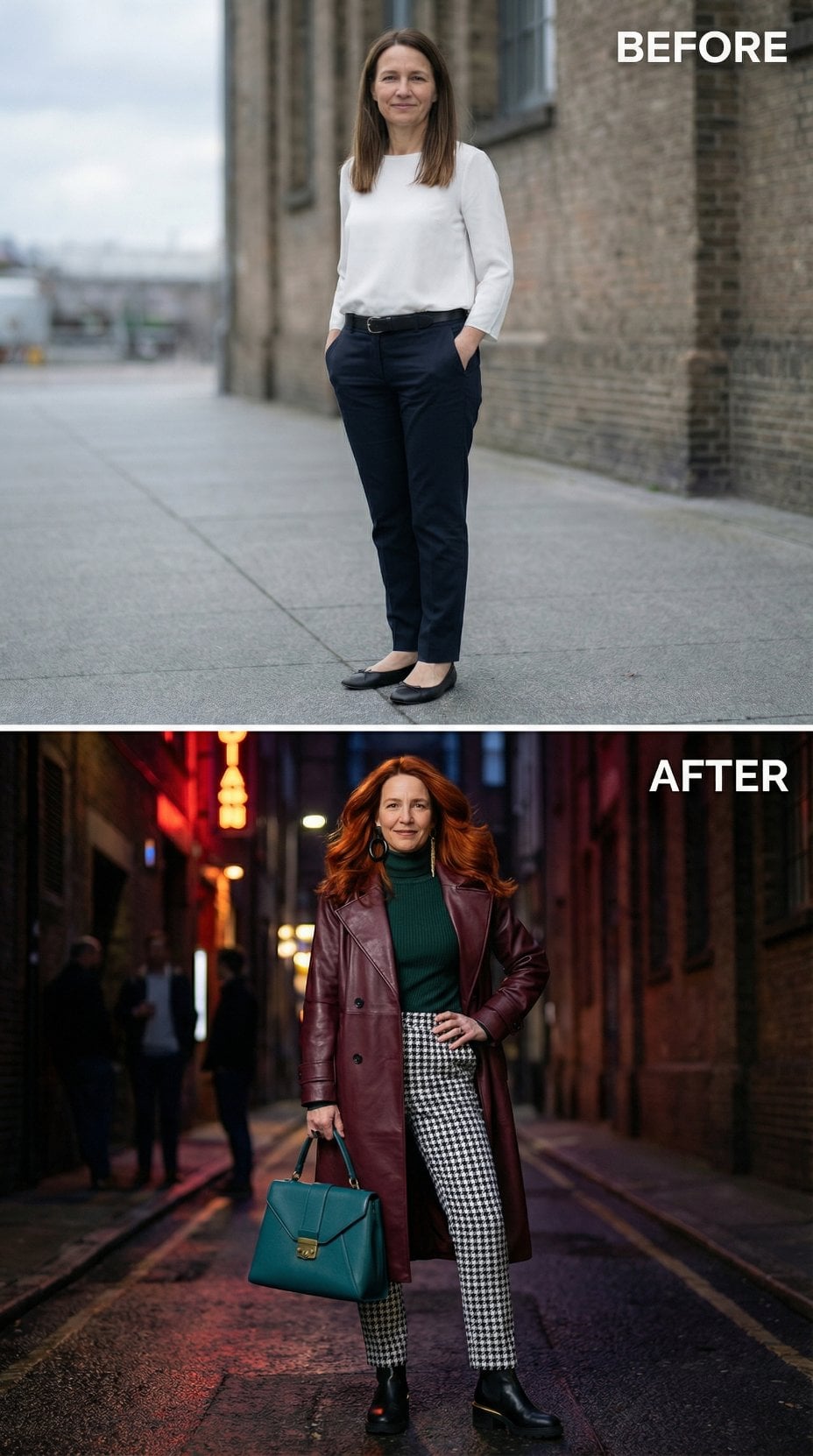 Houndstooth Check and Auburn Waves Under Burgundy Leather at Night