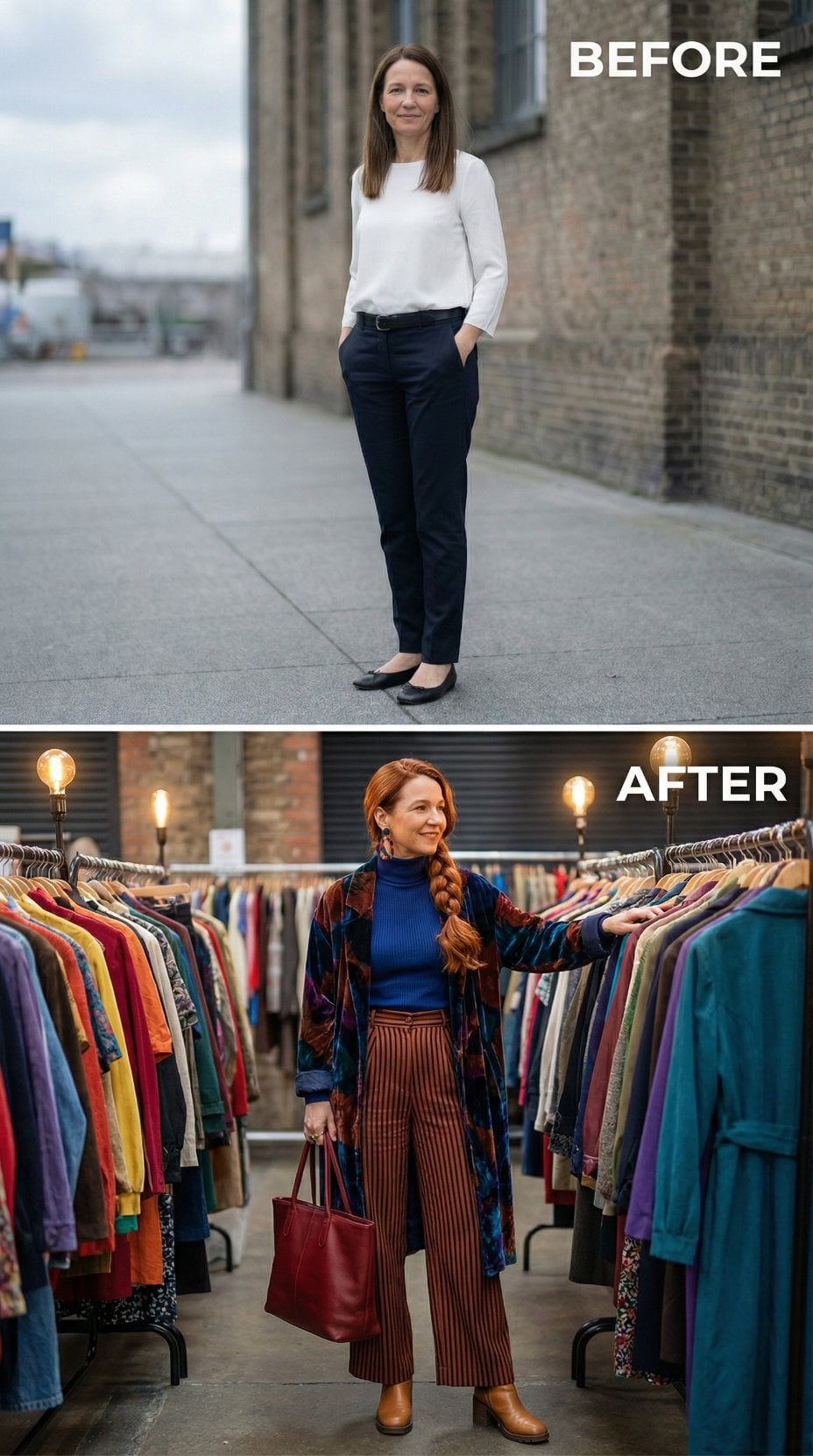 Crisp Office Neutral Gives Way to Rust Velvet Blazer and Striped Culottes