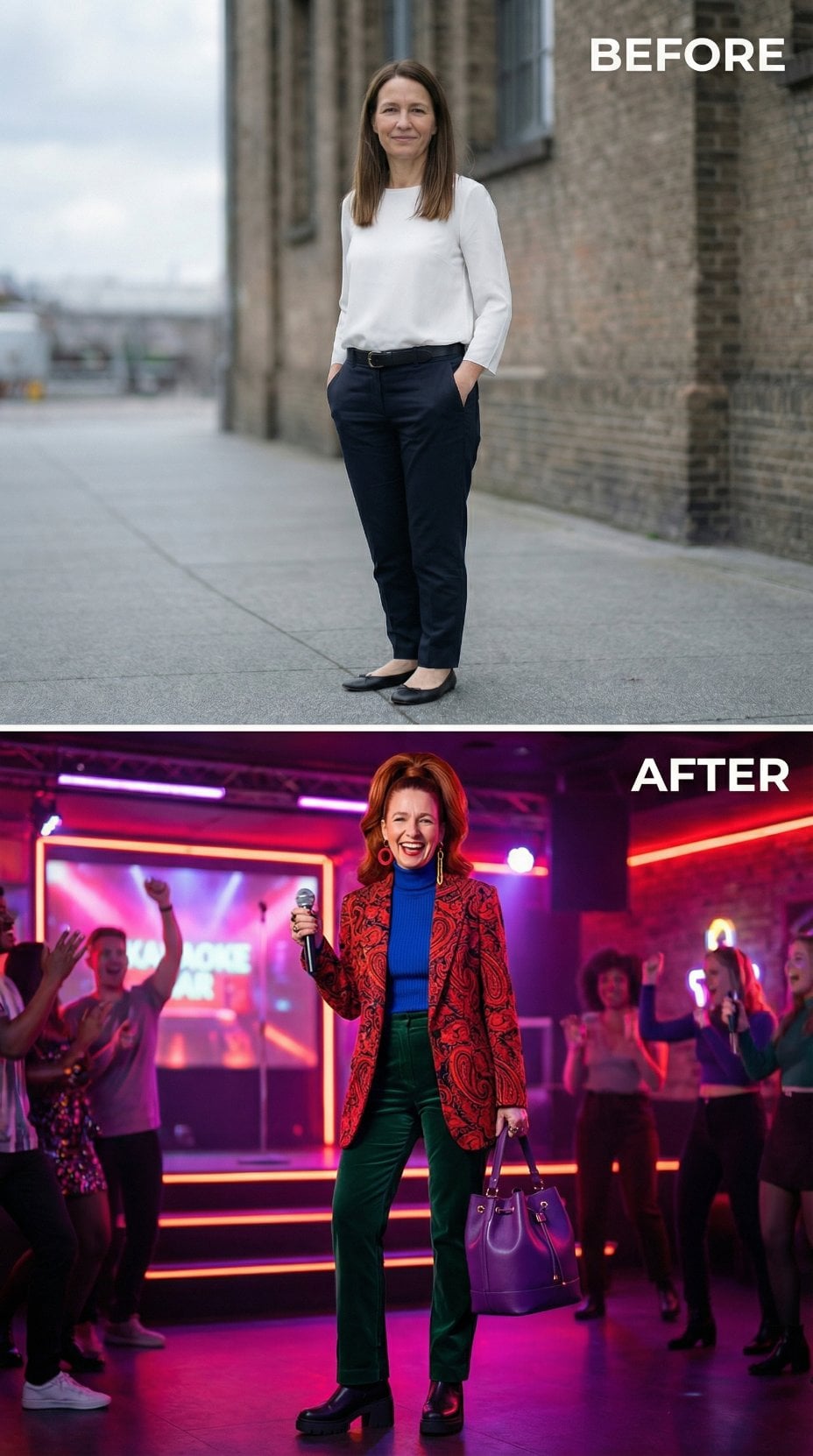 Street Sidewalk to Game-Show Stage in Red Paisley Blazer