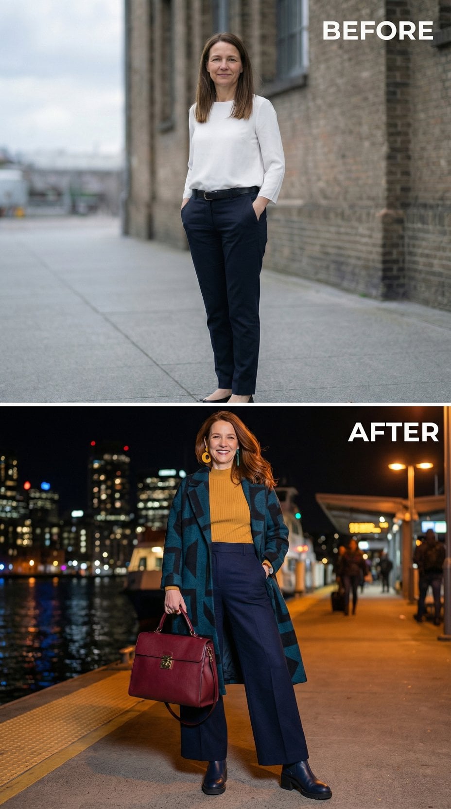 Waterside Night Look Layers Teal Plaid Coat Over Mustard Knit