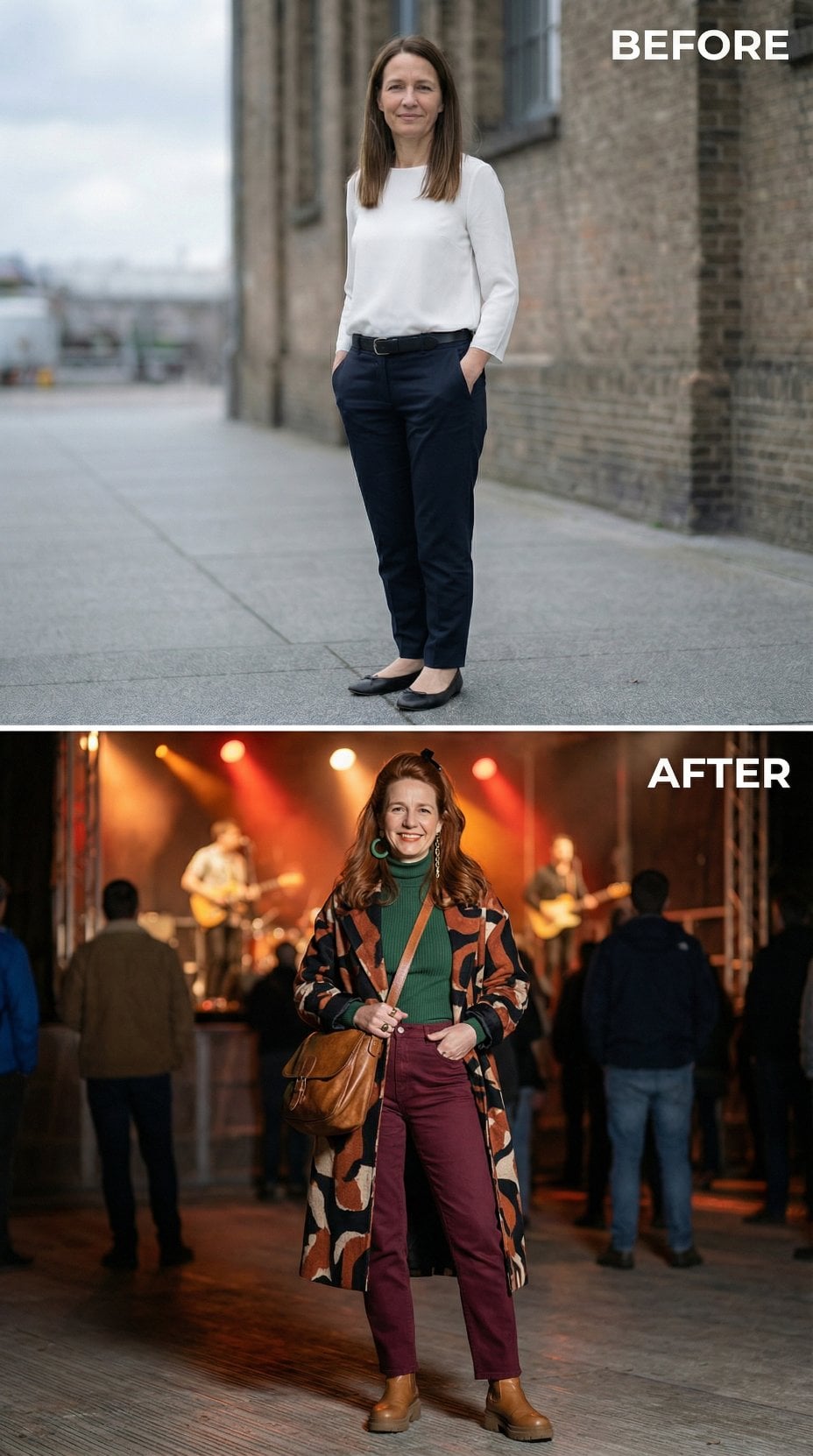 Concert Hall Drama in Green Turtleneck and Geometric Coat