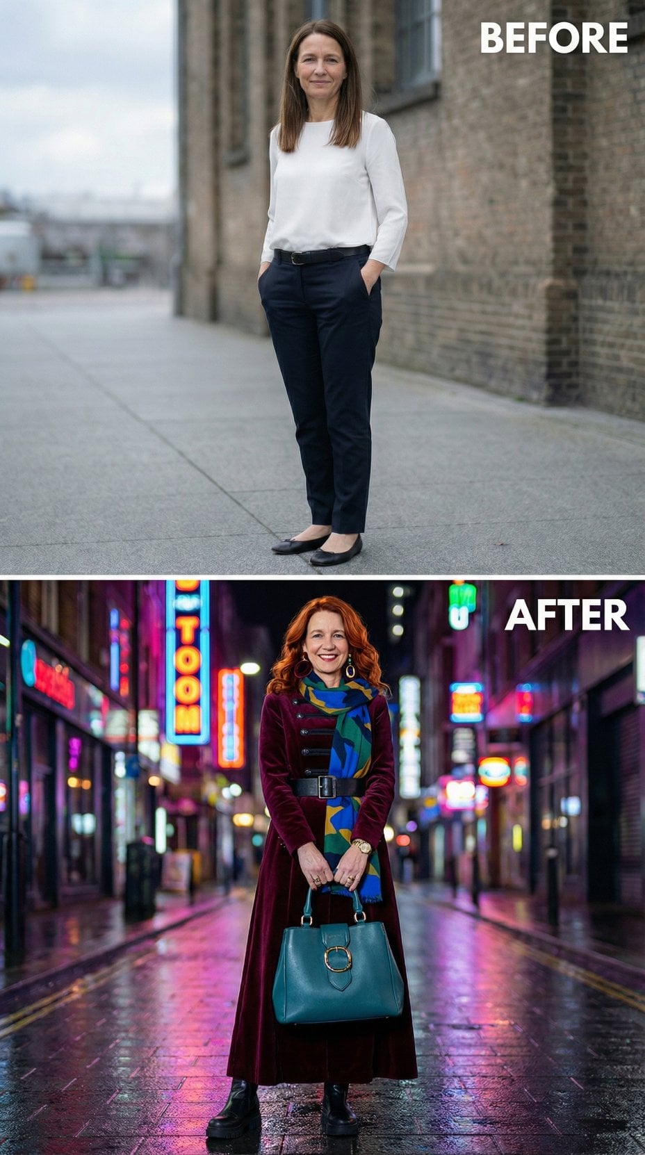 City Lights Backdrop for Burgundy Velvet Coat and Jewel-Tone Scarf