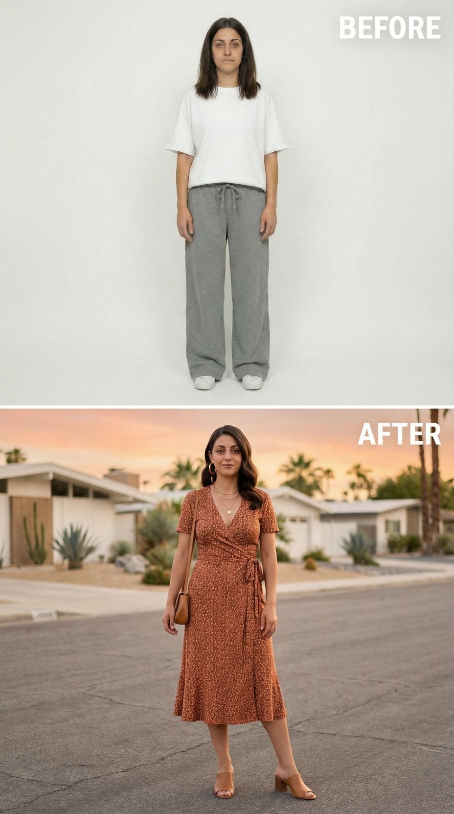 Rust Floral Wrap Dress Brings Golden Hour Romance to Desert Streets