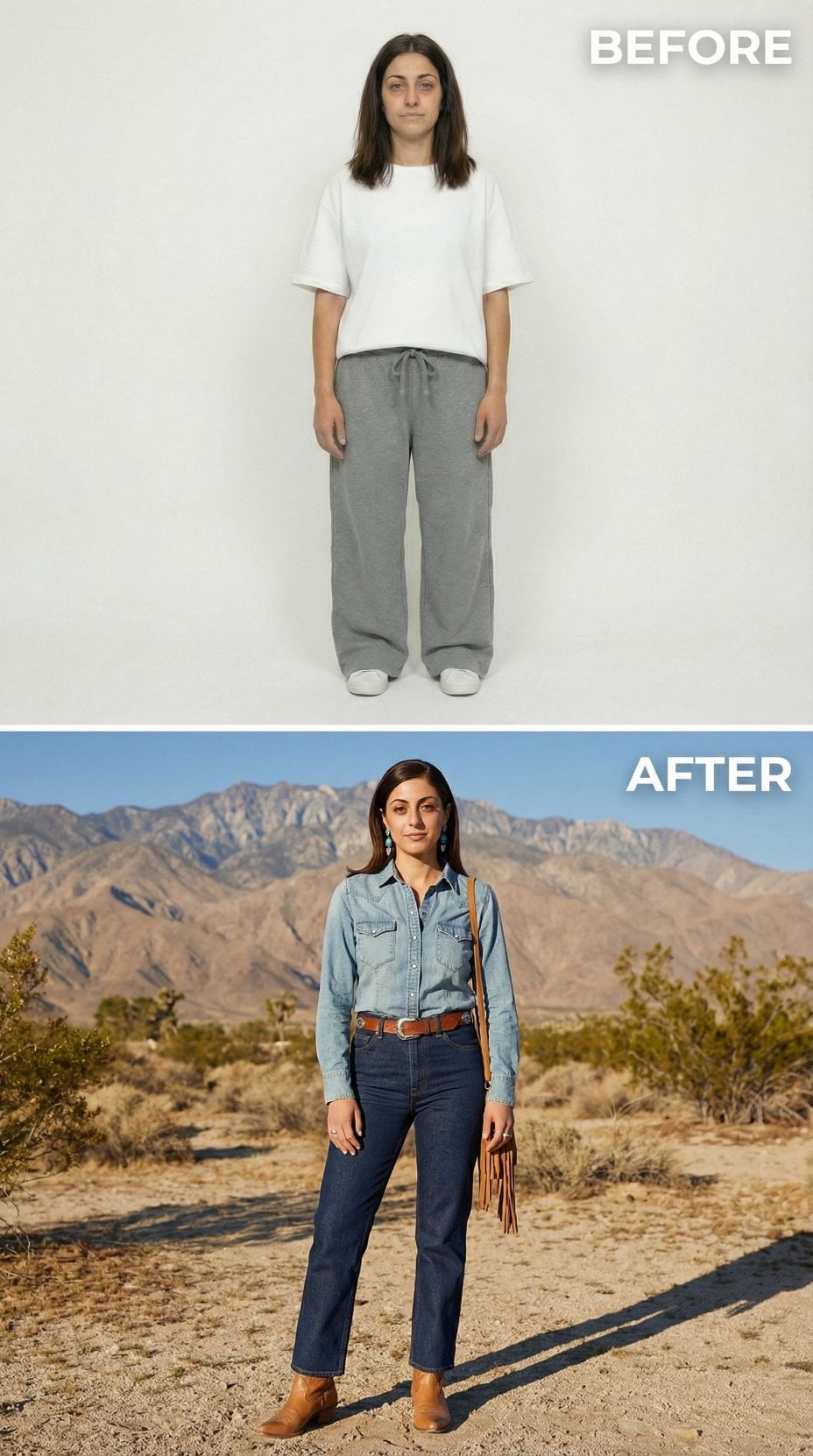 Denim Western Shirt and Brown Belt Create a '70s Desert Wanderer